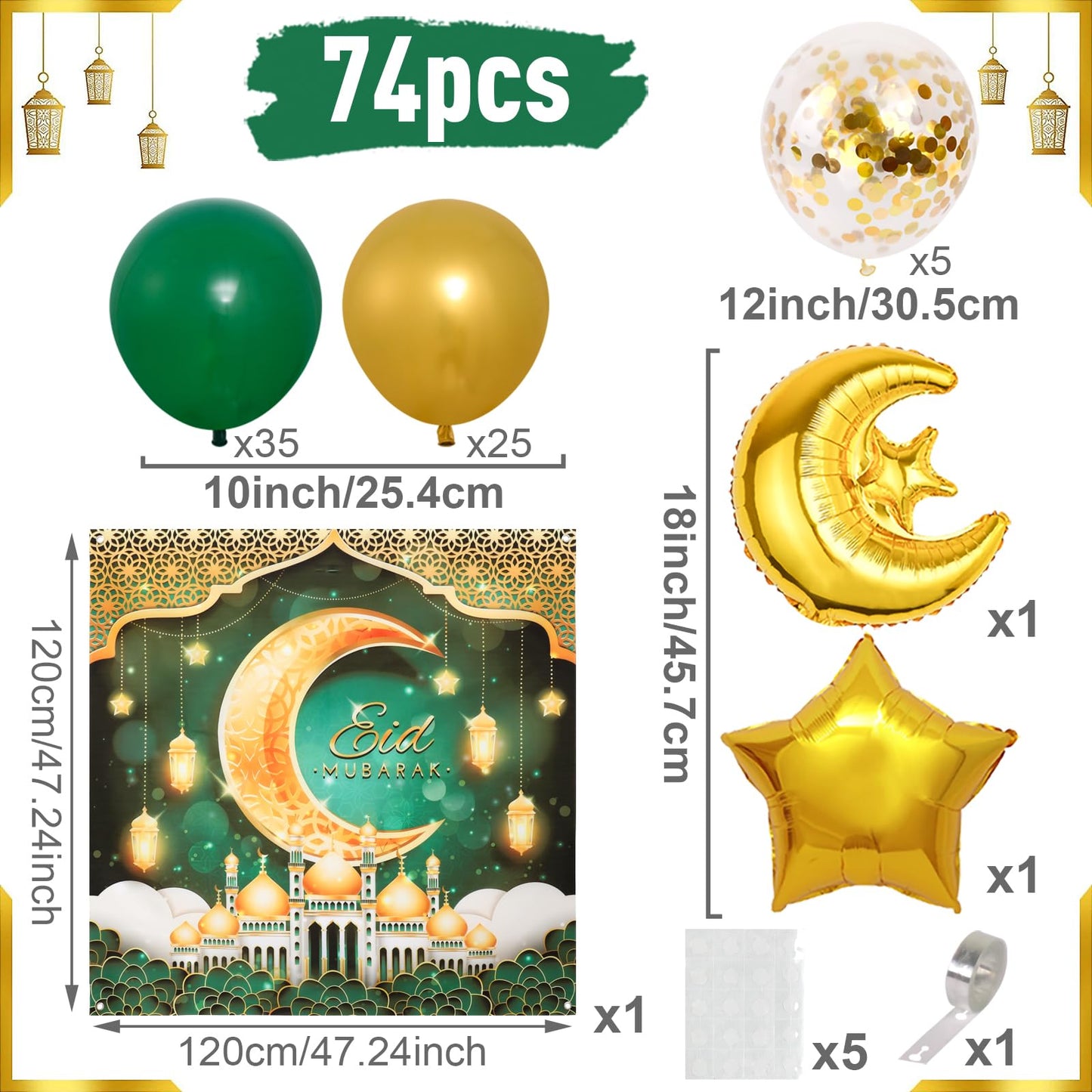 Eid Mubarak Decorations for Home - 74pcs Ramadan Decorations with Green Gold Star Moon Ramadan Balloons and Eid Mubarak Banner for Ramadan Decor