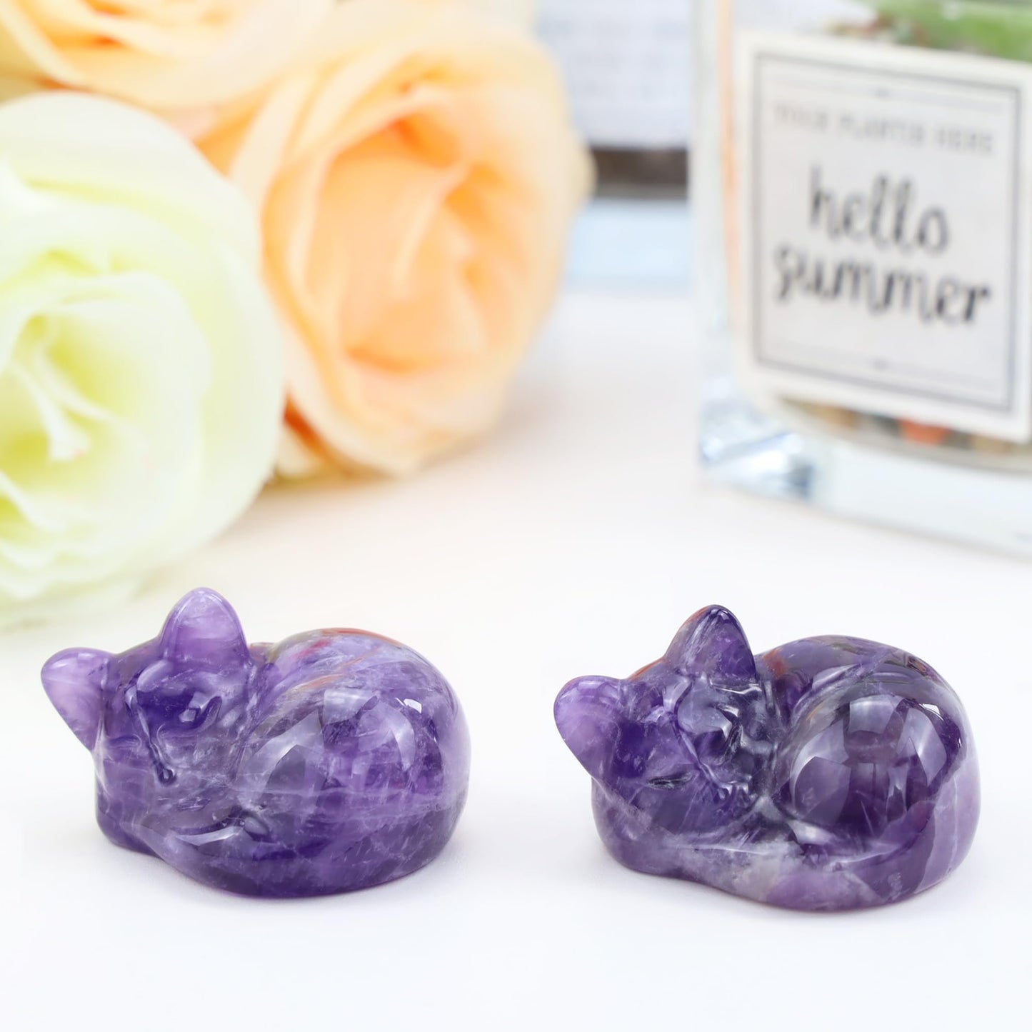 QINJIEJIE Amethyst Cat Decors Natural Healing Crystal Stones Figurine Statue Carved Polished Gemstones Decoration Office Room Desk Purple Decor Purple Gifts for Women Cat Lover Valentine Decor