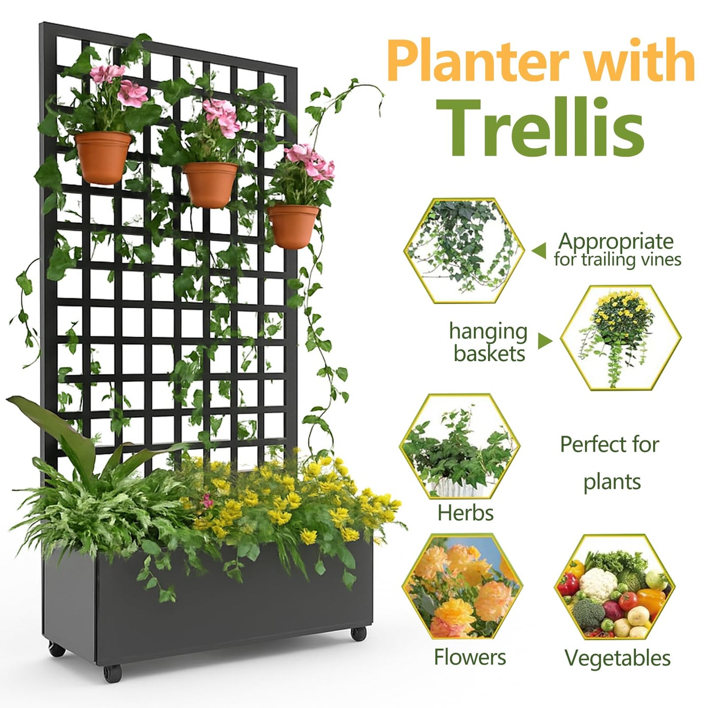 OUTLANE Metal Planter Box, 72"x35" with Square Lattice Trellis Planter Box, Galvanized Raised Garden Bed on Wheels, Garden Bed with Trellis, for Climbing Plants & Vines, Black