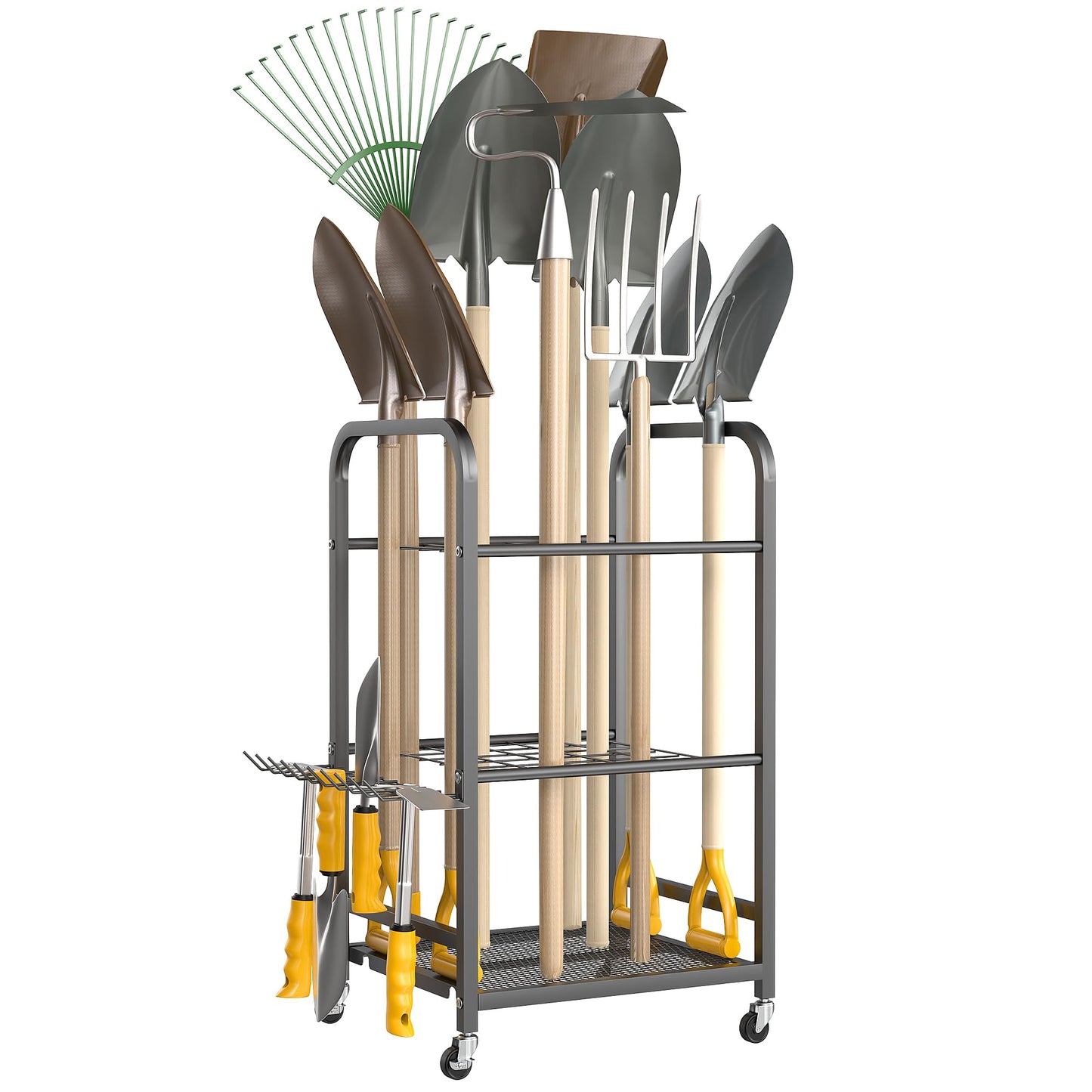 Ultrawall Garden Tool Organizer Stand, Yard Tool Storage Rack with Lockable Wheels, Garage Tool Storage for Rake, Brooms, Indoor & Outdoor Use