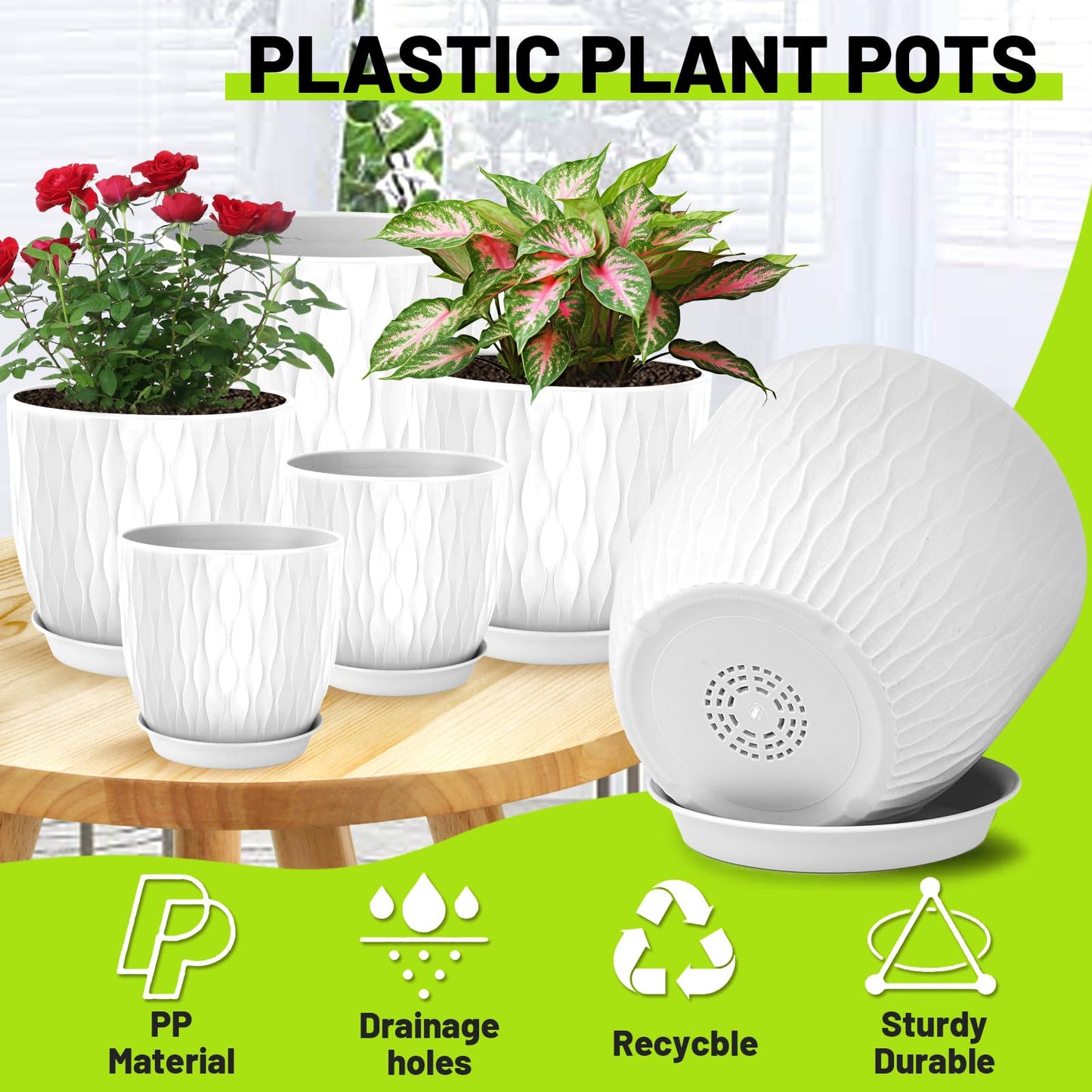 LESOASIS Plastic Plant Pots 10/9/8/7.5/7 inch Set of 5, Flower Planters with Drainage Holes and Saucers, Plastic Pots for Indoor Outdoor Plants, Livingroom Garden Decor (White)