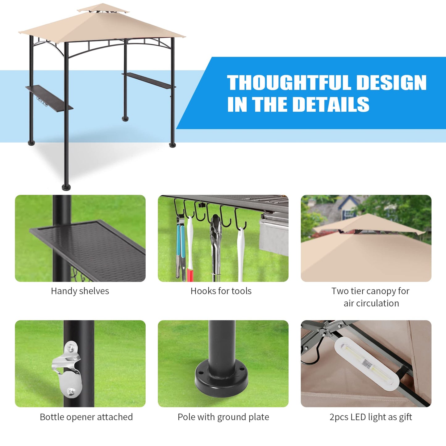FAB BASED 5x8 Grill Gazebo, All-Weather Steel Construction, Double Tiered & Resistance Canopy Roof, Metal Serving Shelves, 2 LED and Bottle Opener for Patio, Backyard, BBQ (Beige)