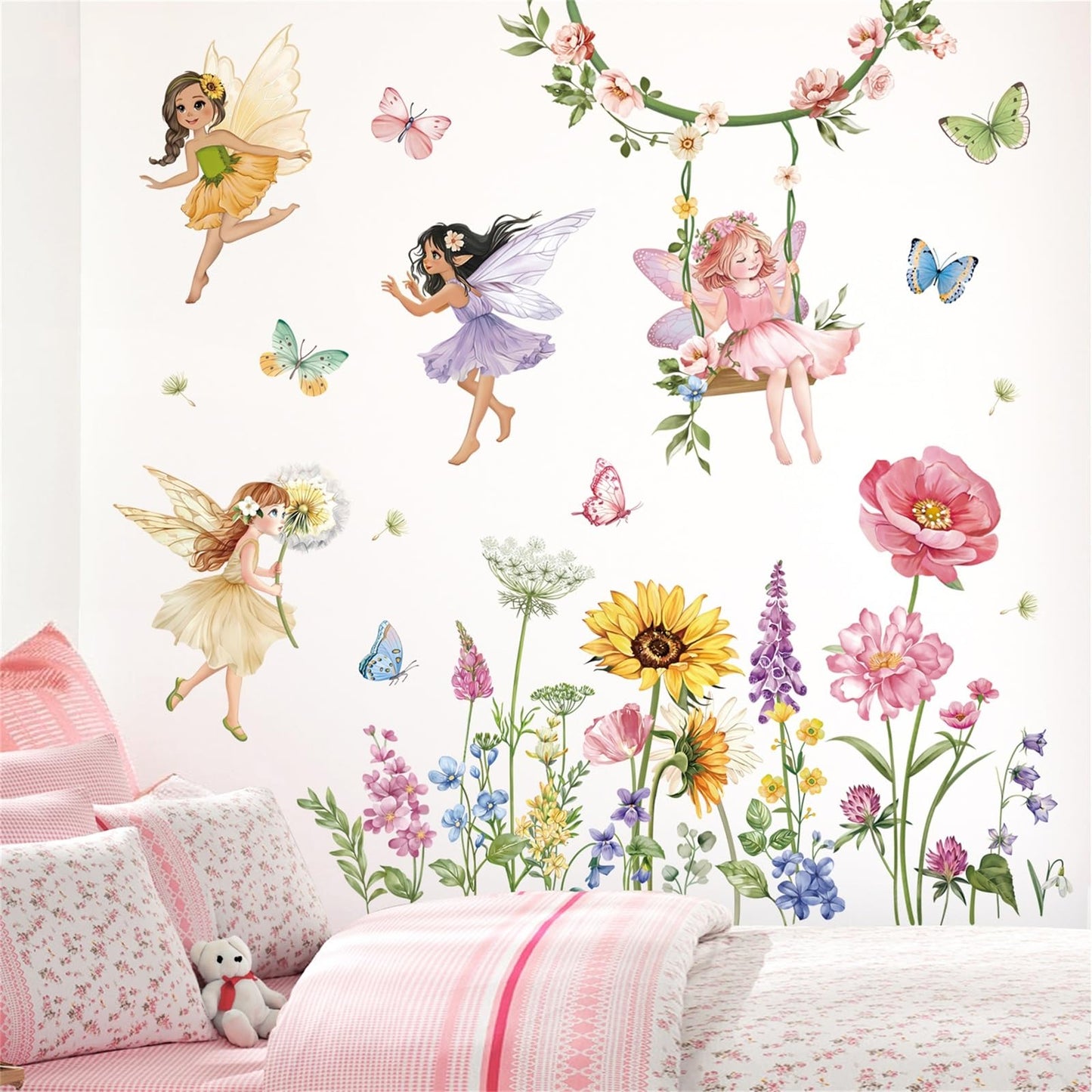 decalmile Flower Fairy Wall Decals Butterfly Girl with Wildflower Sunflower Wall Stickers Girls Bedroom Baby Nursery Kids Room Wall Decor