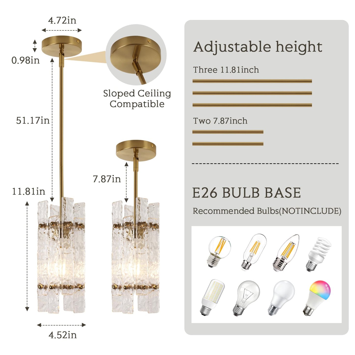 Modern Crystal Pendant Light for Kitchen Island, Gold Luxury Mini Water Ripple Glass Chandelier Lights Fixture, Modern square Adjustable Hanging Pendant Lighting for Dining Room Bedroom (3-Pack)