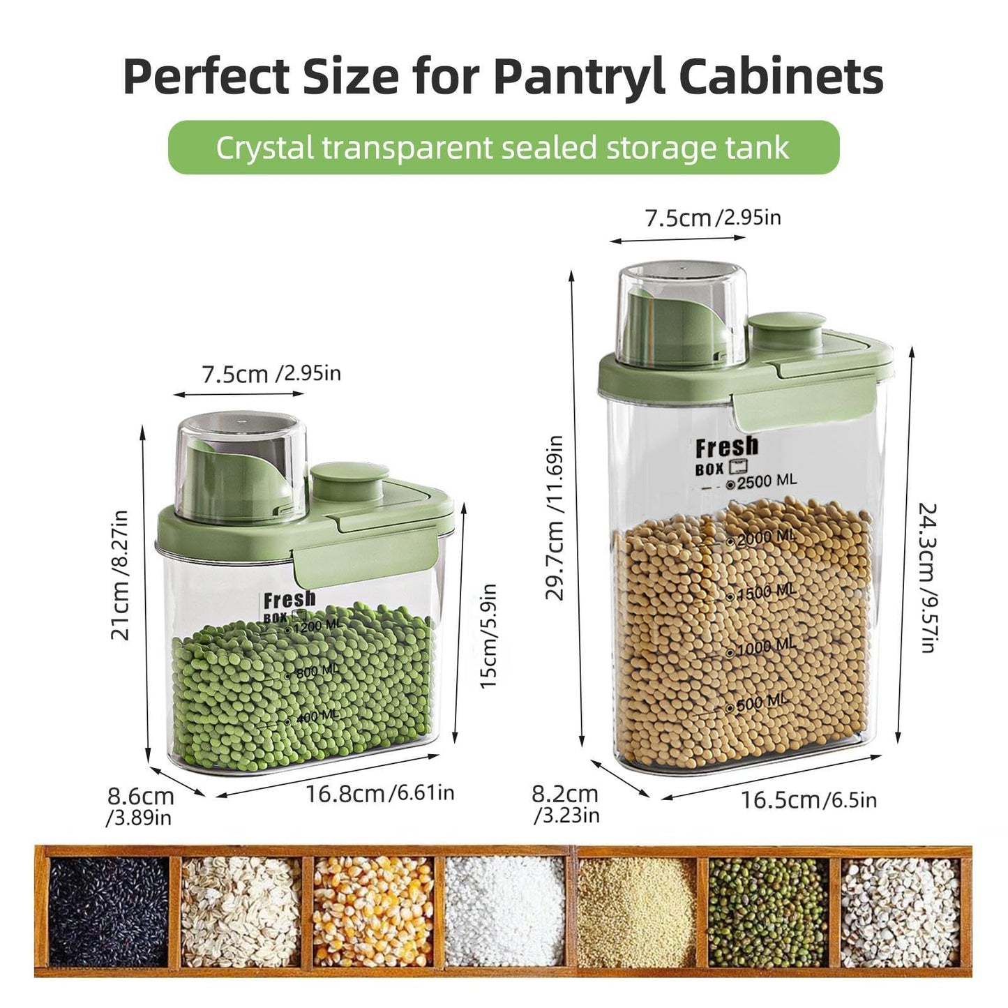 KTBLVFN Airtight Rice Storage Container,with Pour Spout & Measuring Cup, BPA-Free - Transparent Dry Food Canister for Cereal, Flour, Pet Food, Oatmeal, Pantry Storage (Light Grass Green, 1600ml)
