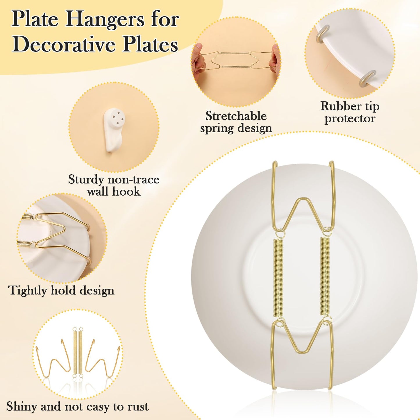 24 Pack Plate Hangers for Wall Display, 6/8/10/12 Inch Invisible Stainless Steel Plate Holders with Wall Hooks, Fit 5.5–12.5 Inch Decorative Plates, Plate Display Hangers for Home Wall Decor, Gold