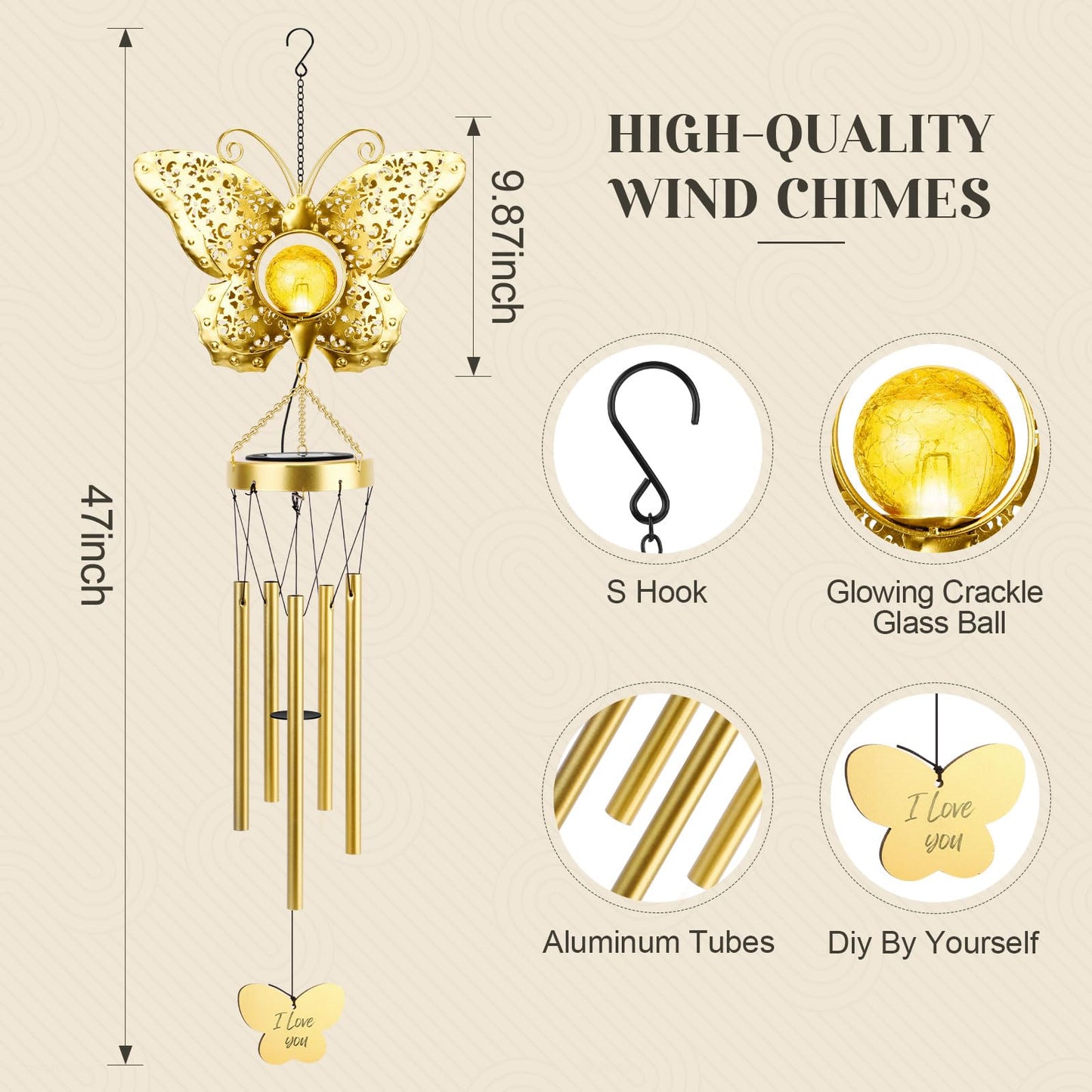 JYPS Butterfly Solar Wind Chimes, 40-Inch Large Waterproof Windchime for Outside with Glowing Crackle Glass Ball, Garden Patio Yard Decor Christmas Day Birthday Unique Gifts for Women Mom Grandma Wife