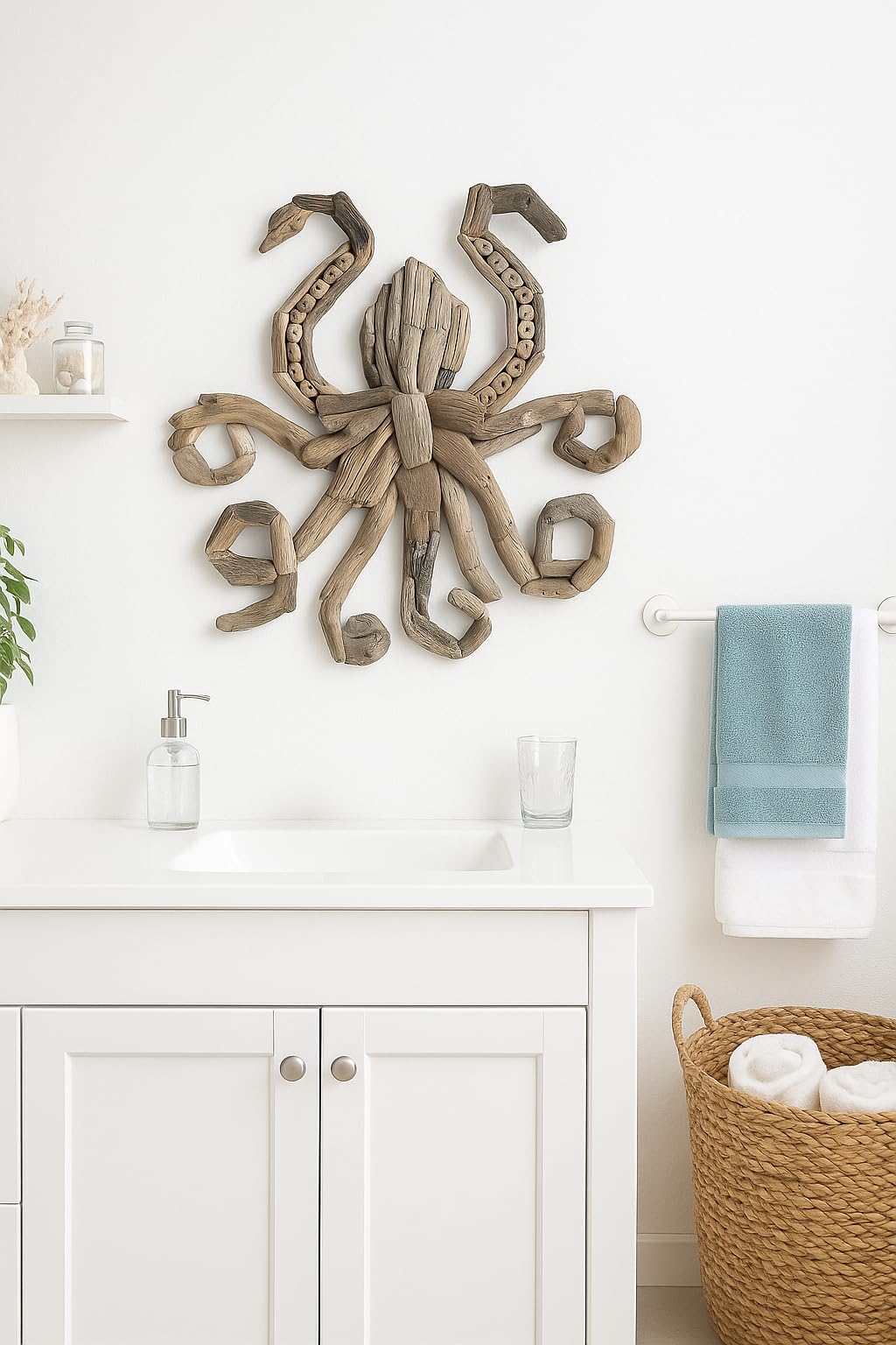 OMA Driftwood Octopus Wall Art – Handcrafted Coastal Beach & Rustic Farmhouse Style Driftwood Wall Decor for Home, Living Room, Bathroom, Beach House – Large Size