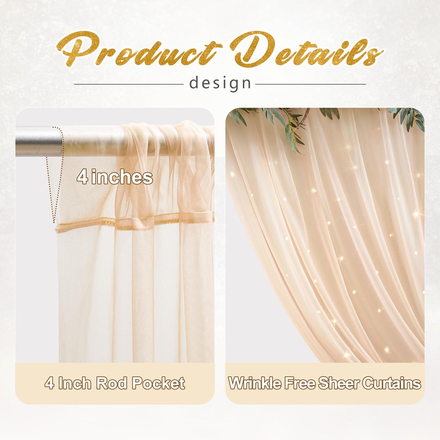 10x10ft Champagne Tulle Backdrop Curtain with Lights String for Parites, Sheer Photo Backdrop Curtains for Wedding Ceremony Bridal Shower Baby Shower Birthday Party Photo Shoot Background Decorations