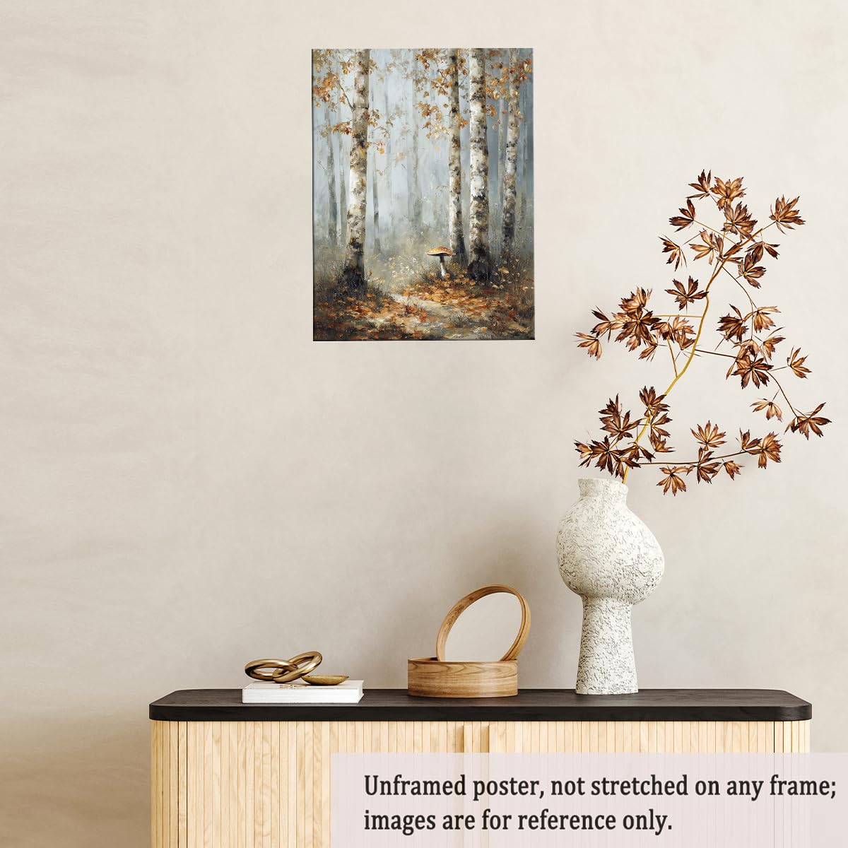 Birch Tree Forest Wall Art – Autumn Canvas Print with Mushroom and Misty Woodland Trail, Rustic Fall Nature Poster for Bedroom or Seasonal Wall Decor 12x16in Unframed