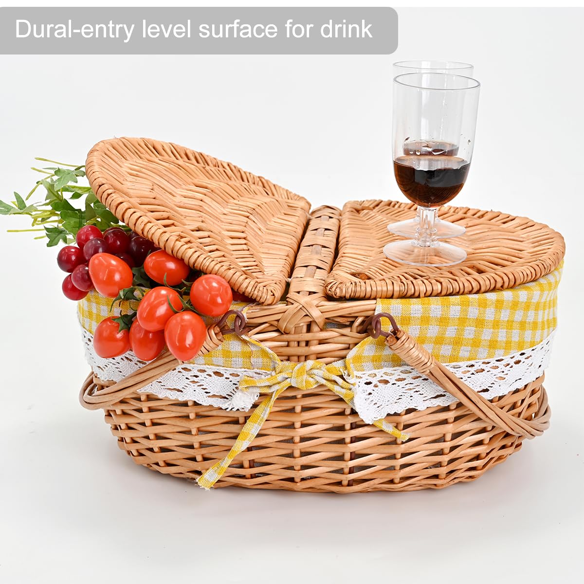 Large 15.4" Wicker Picnic Basket with Removable Liner Empty Picnic Baskets with Lid, Picnic Hamper with Foldable Handles for Picnic, Yellow Checkered, Large