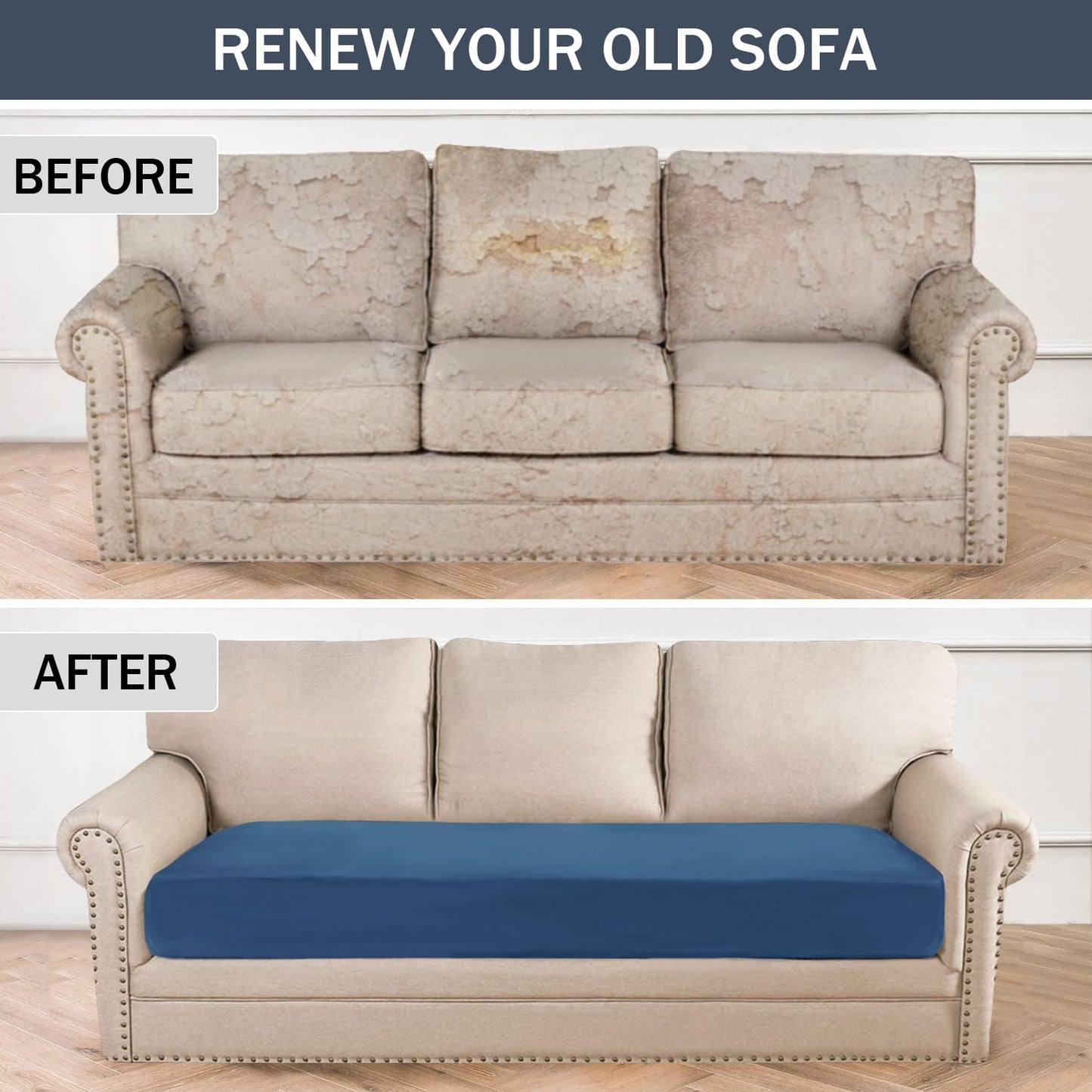 Stretch Cushion Cover, Soft Velvet Plush Cushion Slipcovers Loveseat Sofa Covers Couch Seat Covers Furniture Protector with Elastic Bottom (Medium, Blue)