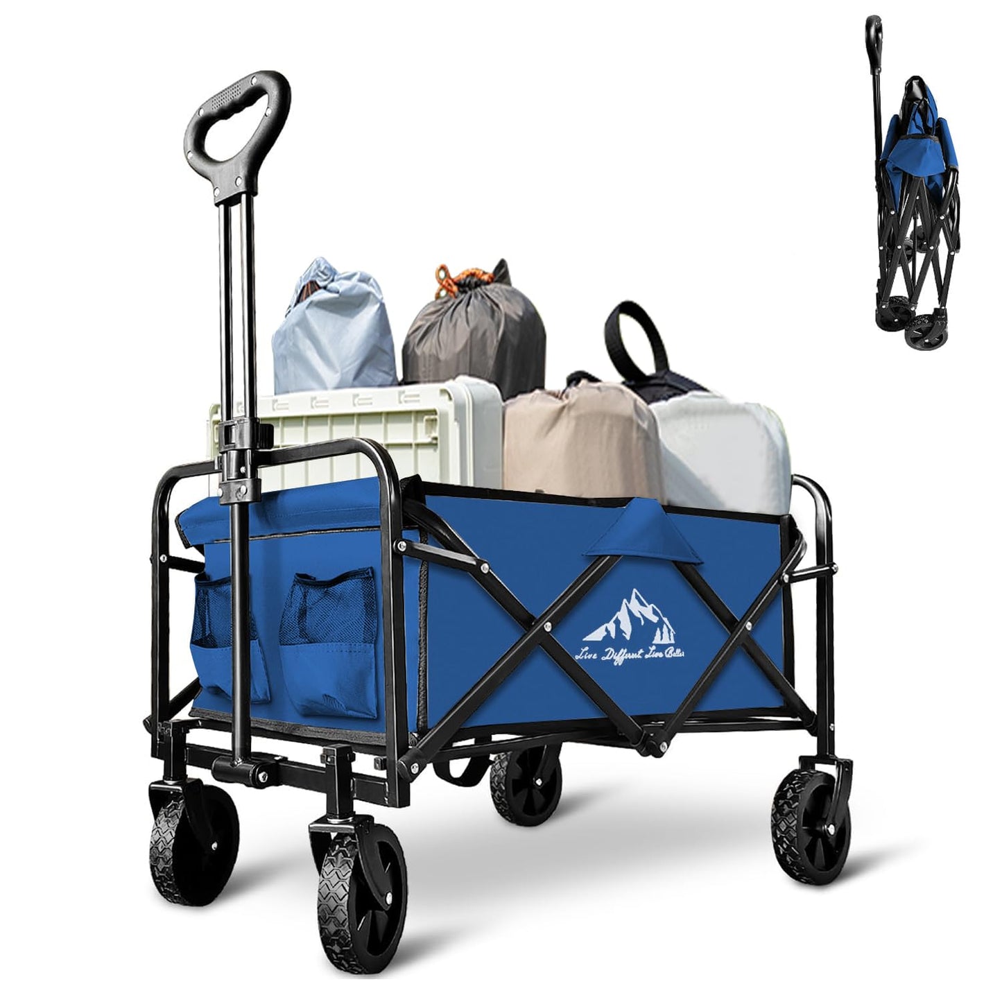 VOYSIGN Garden Cart Folding Wagon with Small Wheel, Collapsible Outdoor Wagon Cart Heavy Duty with Universal Wheels & Adjustable Handle, Utility Grocery Wagon for Camping Shopping, Sports - Navy Blue