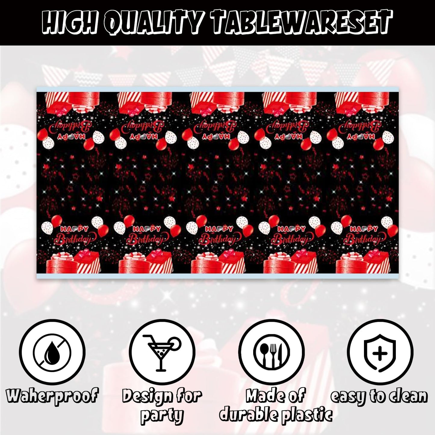 142Pcs Red and Black Birthday Party Tableware Set Inculde Plates Napkins Knives Forks Spoons Cups Banner and Tablecover Red and Black Birthday Party Decorations Supplies Serve 20