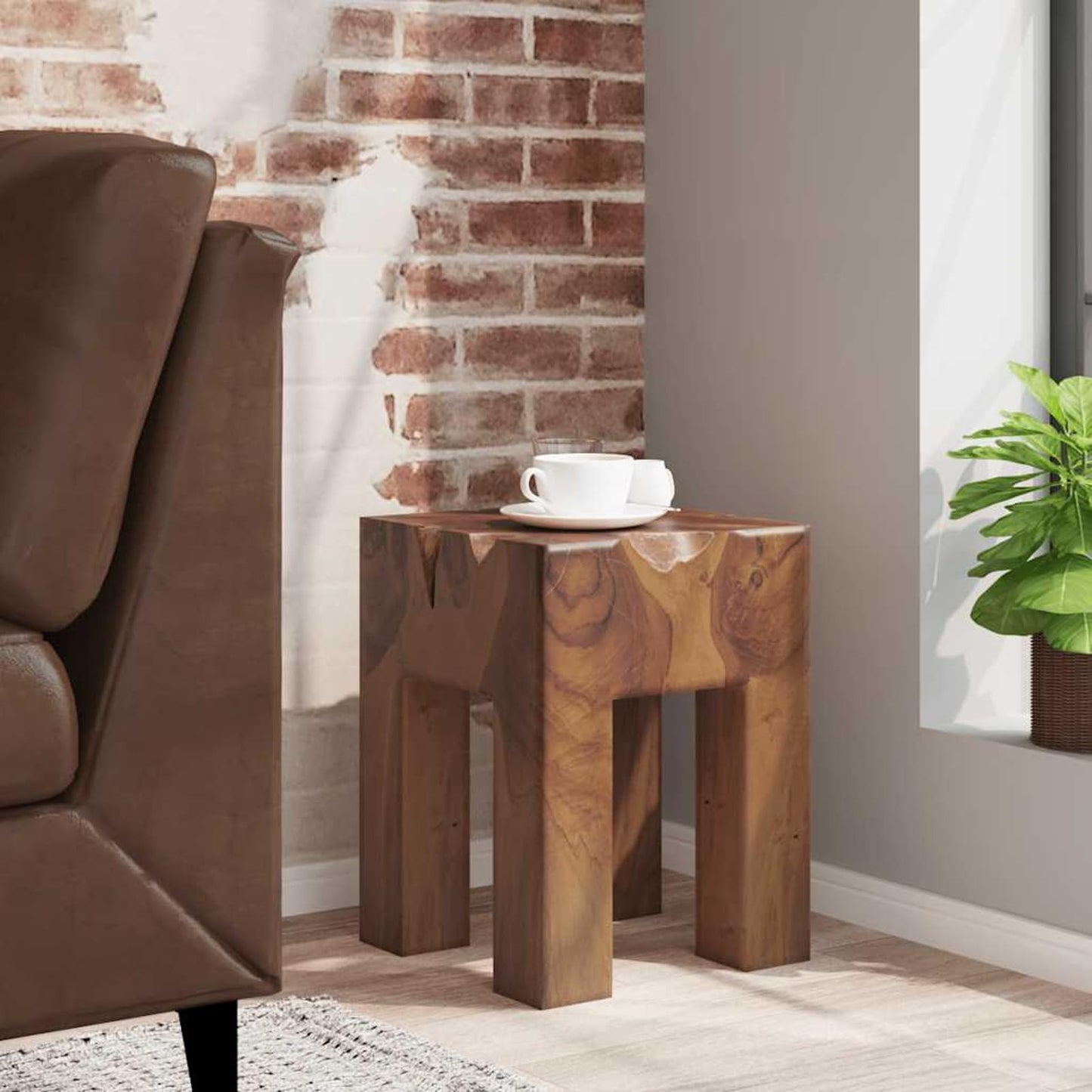 Gecheer Teak Wooden Rustic Stool Handmade for Home Decoration 30 x 30 x 40 cm