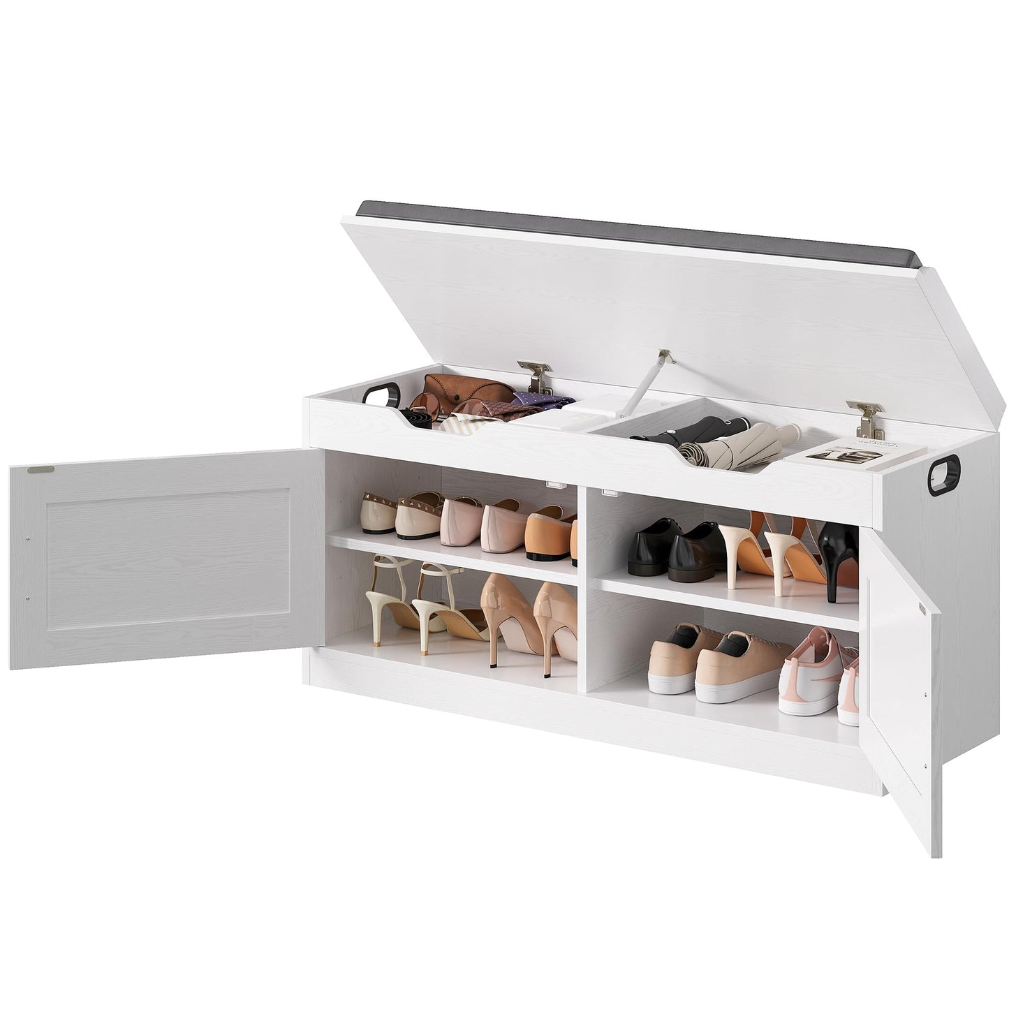 IRONCK Shoe Bench with Lift Top Storage, 42.4" Entryway Bench with Wider Cushioned Seat, End of Bed Bench with Adjustable Shelf & 2 Doors for Hallway, Bedroom, White