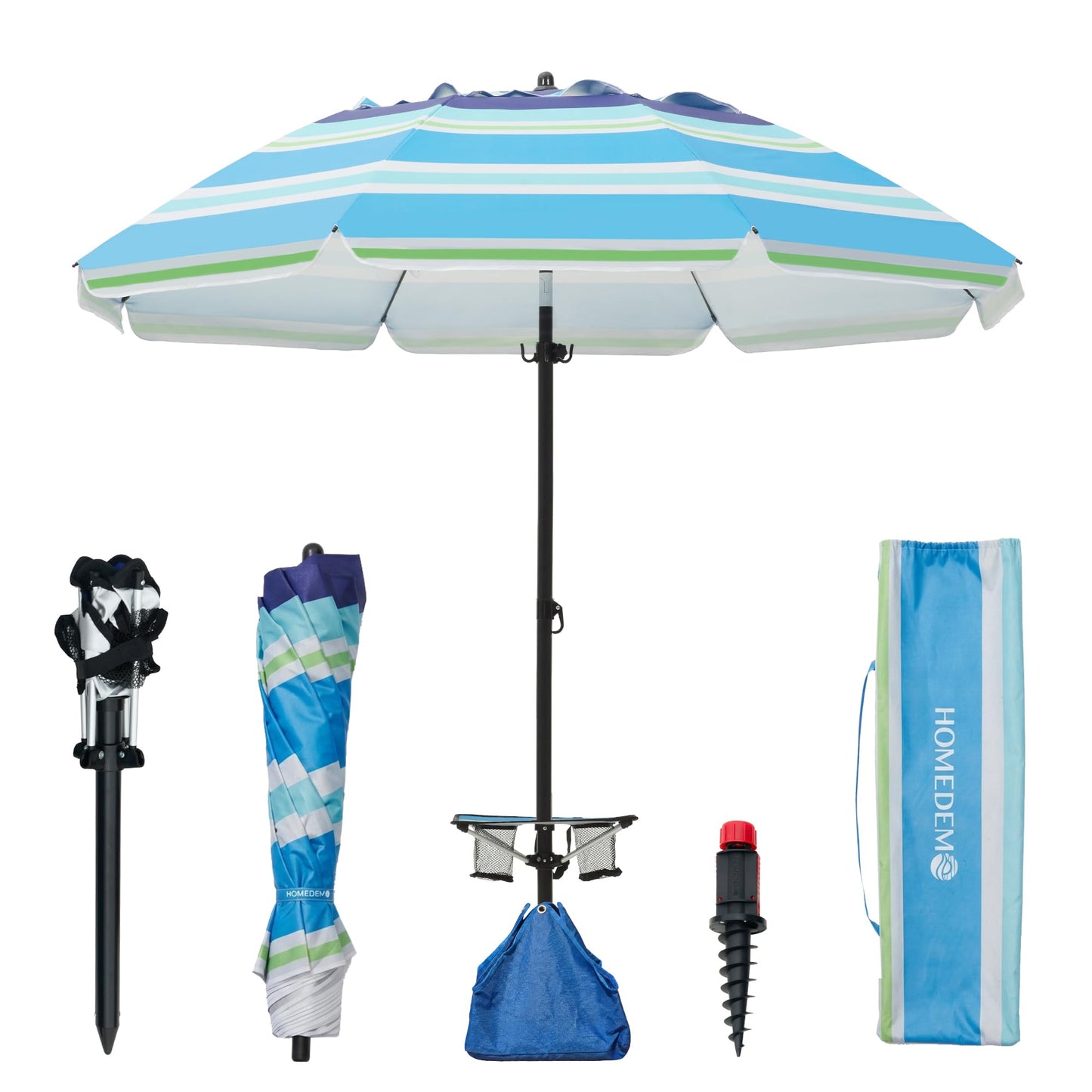 HOMEDEMO 8FT Large Beach Umbrella with Weight Bag & Sand Anchor, Outdoor Umbrellas with Adjustable Aluminum Pole and Built-in Table, Heavy Duty Windproof & UPF 50+ Design, Parasol, Blue Green White