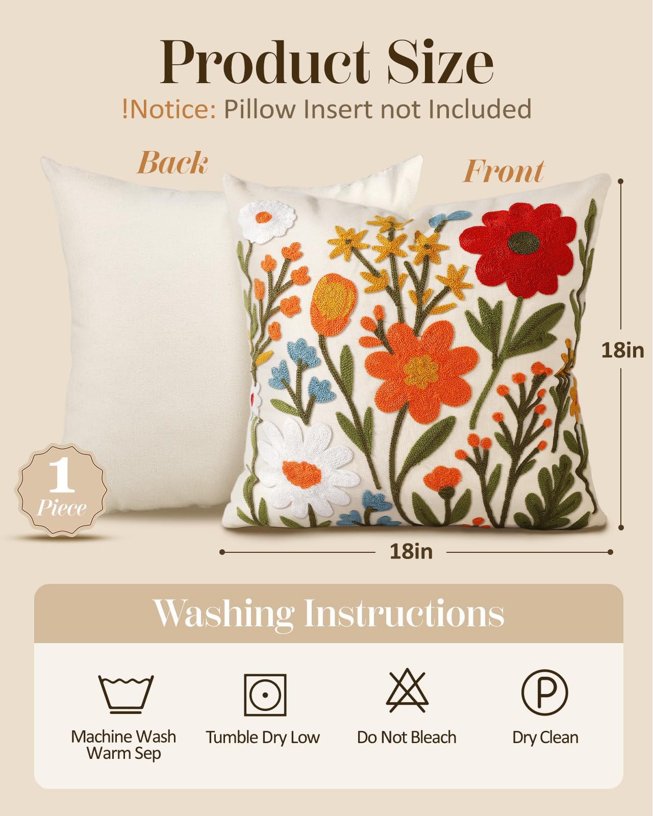 Kokaaee Embroidered Throw Pillow Cover 18x18 Inch - Spring Summer Boho Decorative Pillow Cover with Zipper for Living Room Couch Sofa Bed Aesthetic Design Flower Cluster Cushion Pillowcase