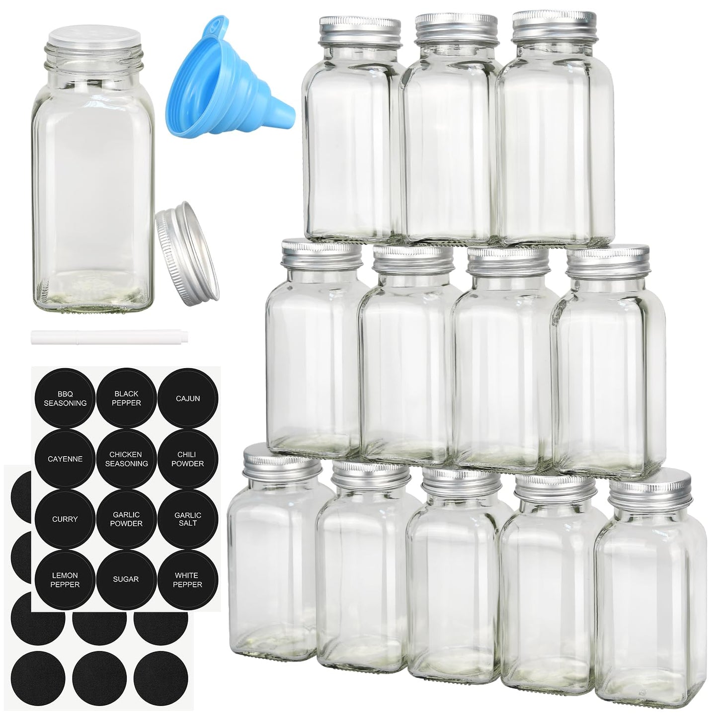 DkOvn 12pcs Glass Spice Jars, 4oz Empty Spice Jars with Metal Caps, Labels, Shaker Lids, Collapsible Funnel, Chalk Pen, Seasoning Organizer for Spice Rack