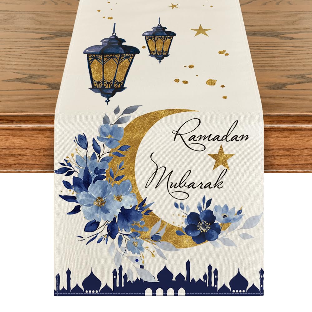 Artoid Mode Castle Lantern Flower Ramadan Table Runner, Seasonal Kitchen Dining Table Decoration for Home Party Decor 13x72 Inch