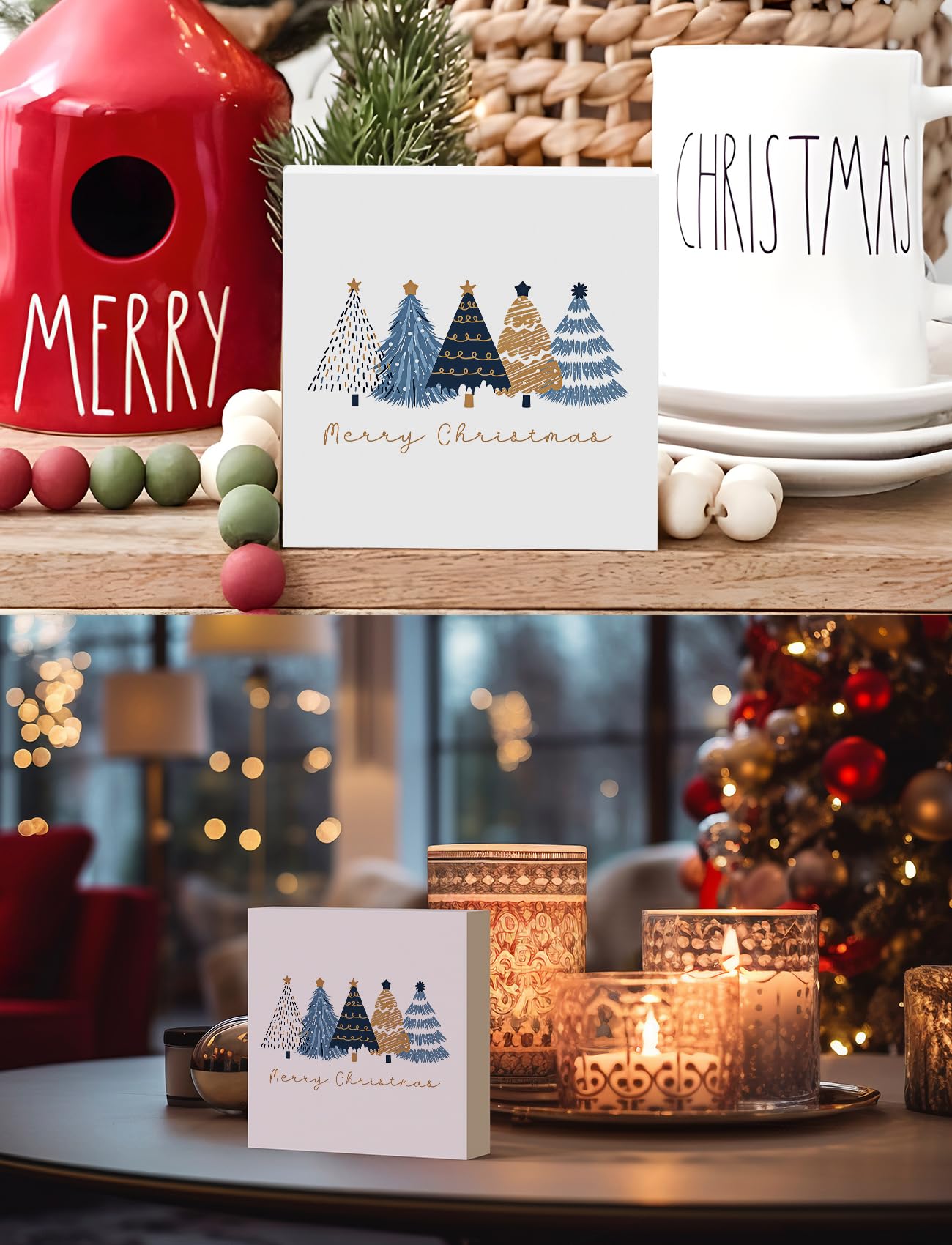 Foritho Navy Blue and Gold Christmas Tree Wooden Box Sign, Preppy Christmas Desk Decor, Merry Xmas Tree Winter Holiday Wood Signs for Home Office Desk Shelf Tabletop Decor,Decorative Signage 5x5 Inch