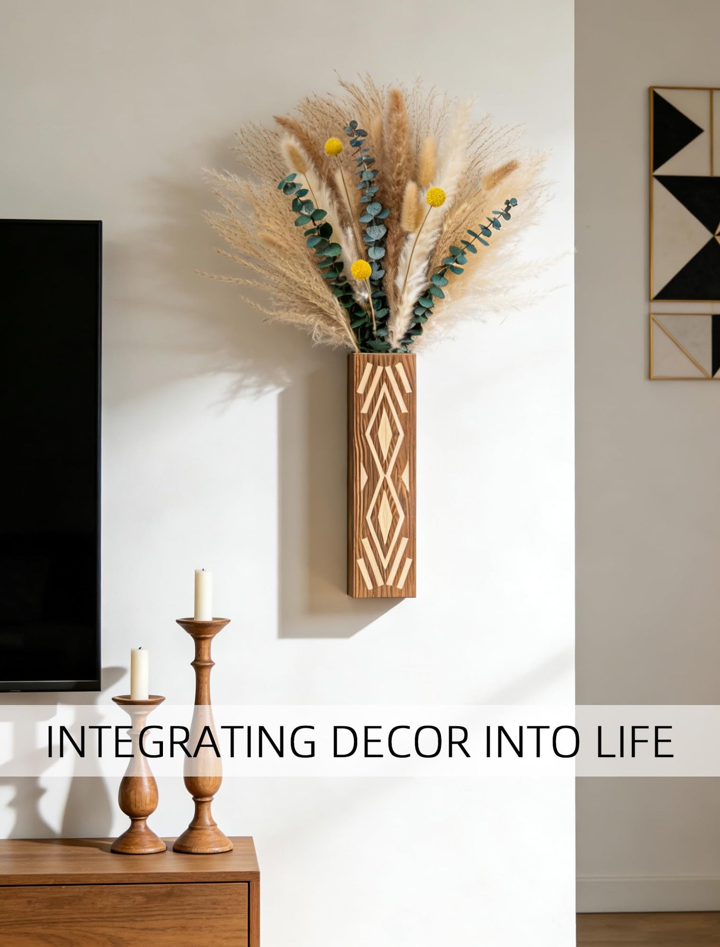 Set of 2 Wooden Wall-Mounted Vases with Pampas Grass & Eucalyptus Bouquet - Bohemian Home Decor for Living Room/Entryway/Bathroom - Rustic Wall Art for Modern Farmhouse Style