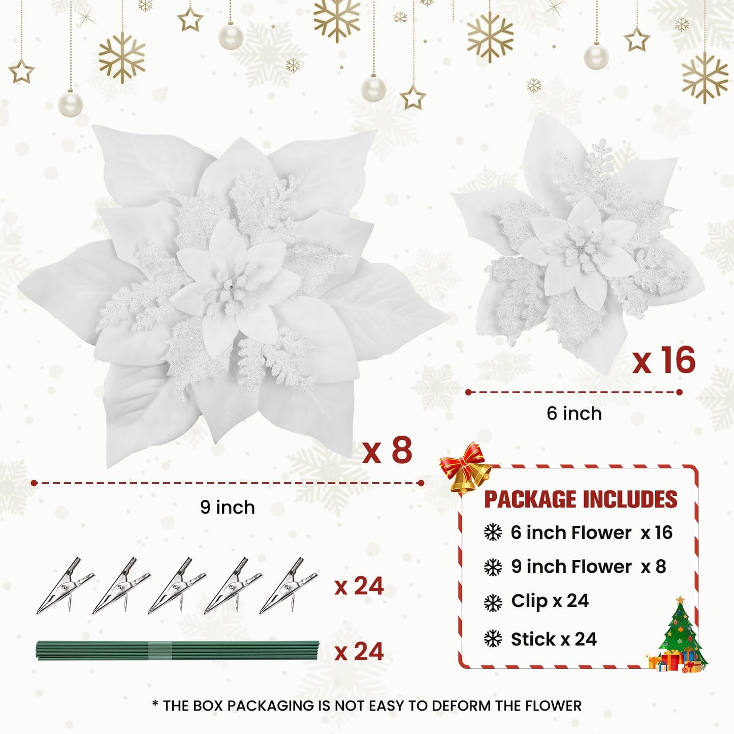 Alupssuc 24PCS 6"& 9" White Artificial Poinsettia Christmas Flowers, Faux Glitter Ornaments for Xmas Tree Wreath Garlands New Year Home Decor, White