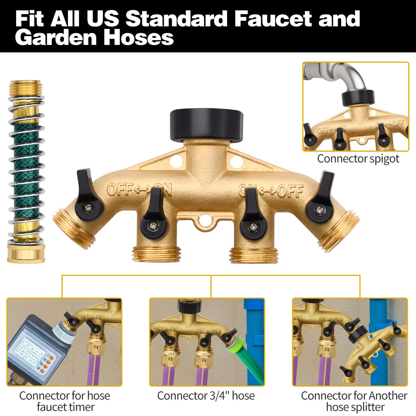 4 Way Hose Splitter with 4Pcs Garden Hose Extension Adapter, Brass Garden Hose Splitter Set, Hose Spigot Adapter with 4 Valves and 12 Rubber Washers & 4 Tapes