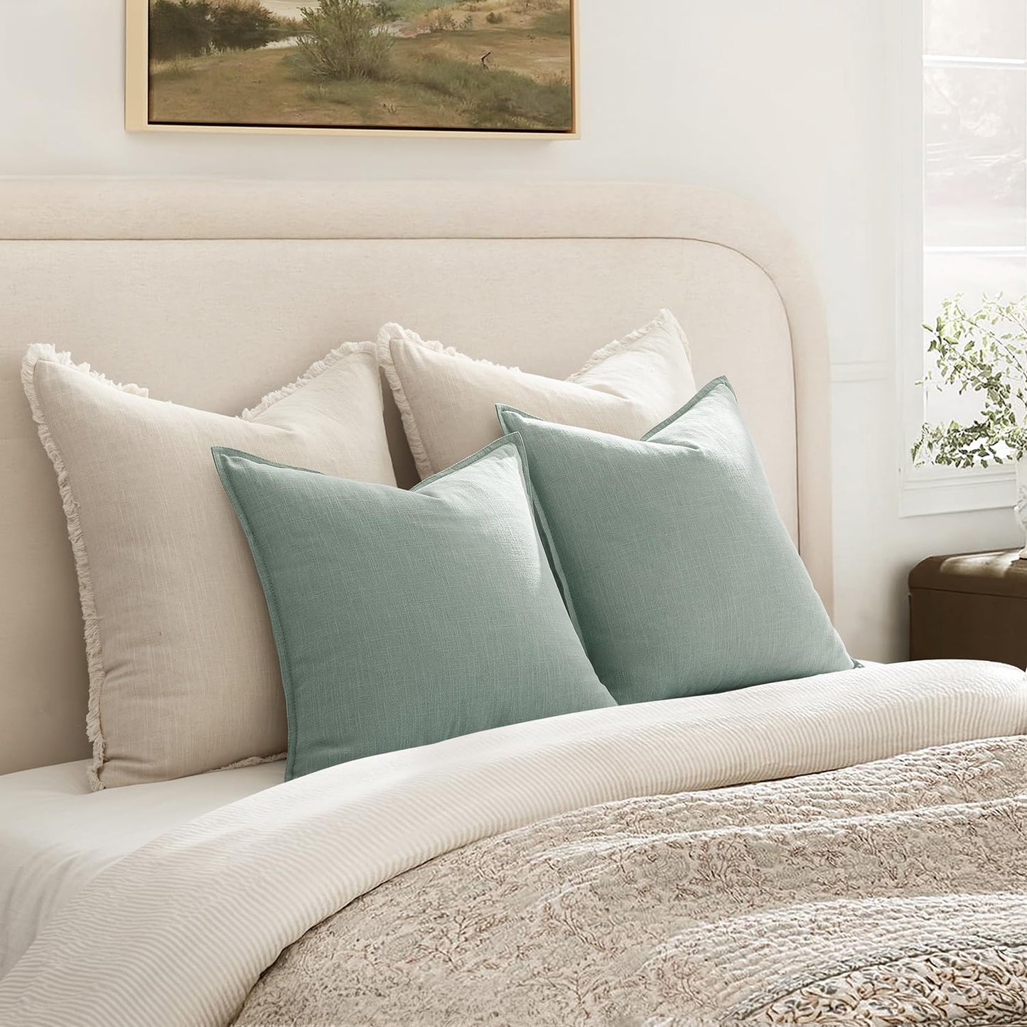ANRODUO Pack of 2 Decorative Linen Pillow Covers Aqua Green Neutral Farmhouse Boho Soild Cushion Case Soft Accent Pillowcase for Couch Sofa Bedroom Living Room Spring Home Decor 18 x 18 Inch