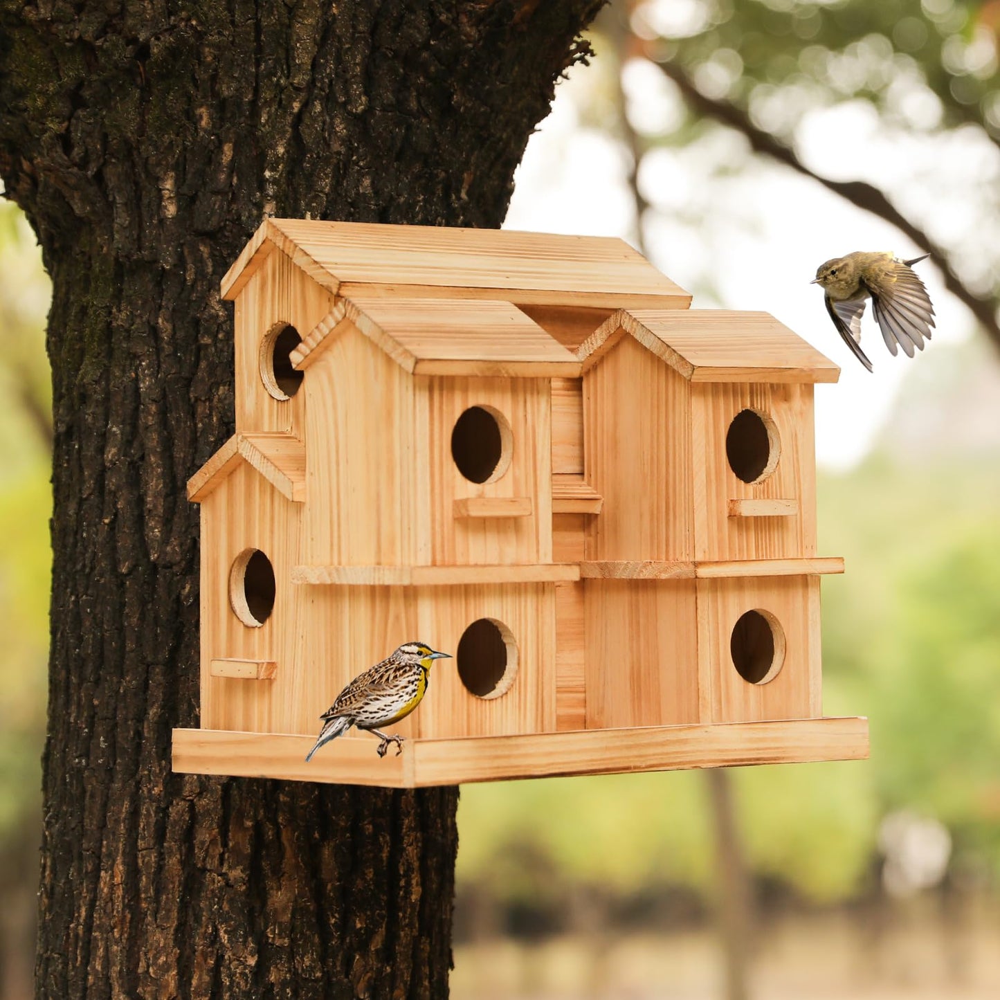Bird Houses for Outside, 9 Room Wooden Bird House with Feeder, Large Hanging Birdhouse for Garden Backyard, Multi Hole Birdhouse for Small Birds, Outdoor Decorative Bird House for Finch Wren Chickadee