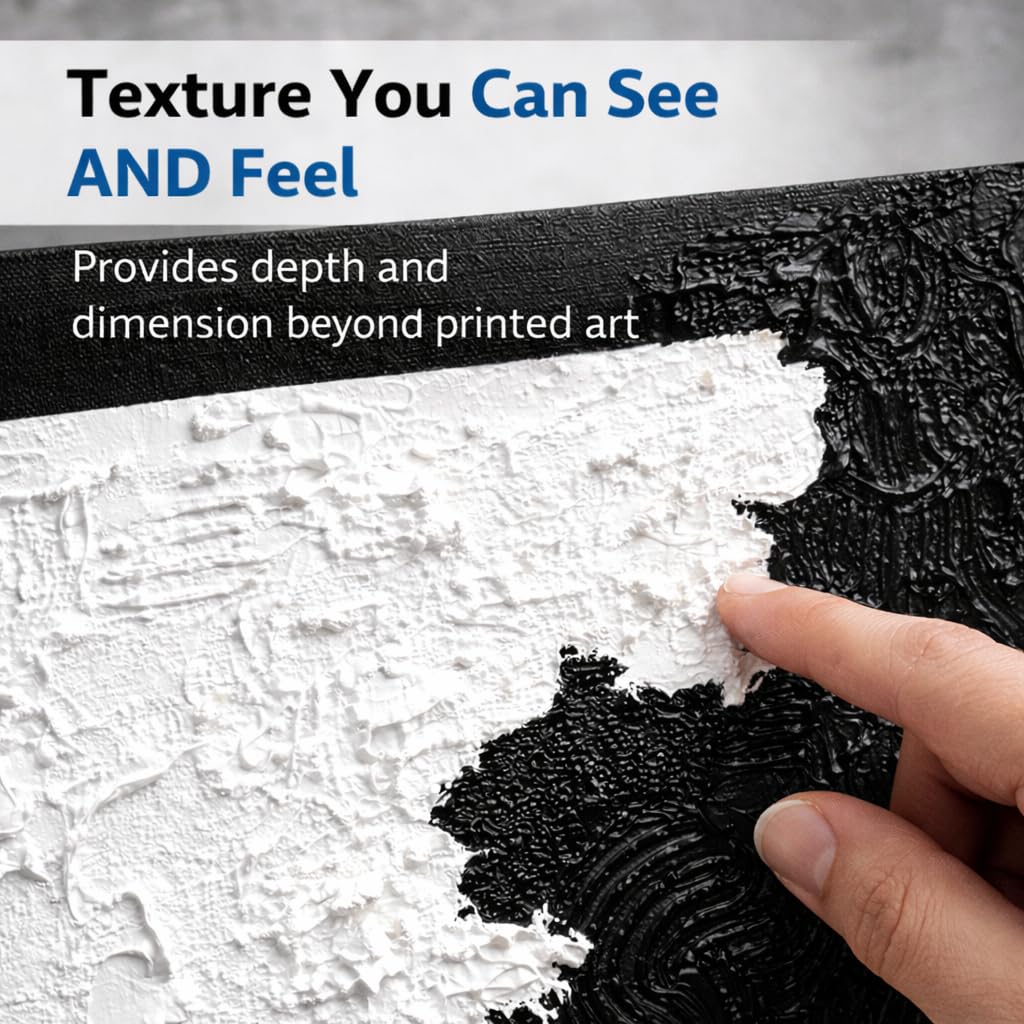 HONGRUIFAN Handmade Textured Canvas Wall Art 24x24 Inches, Black and White Abstract Art, Handcrafted Cotton Canvas, Ready to Hang