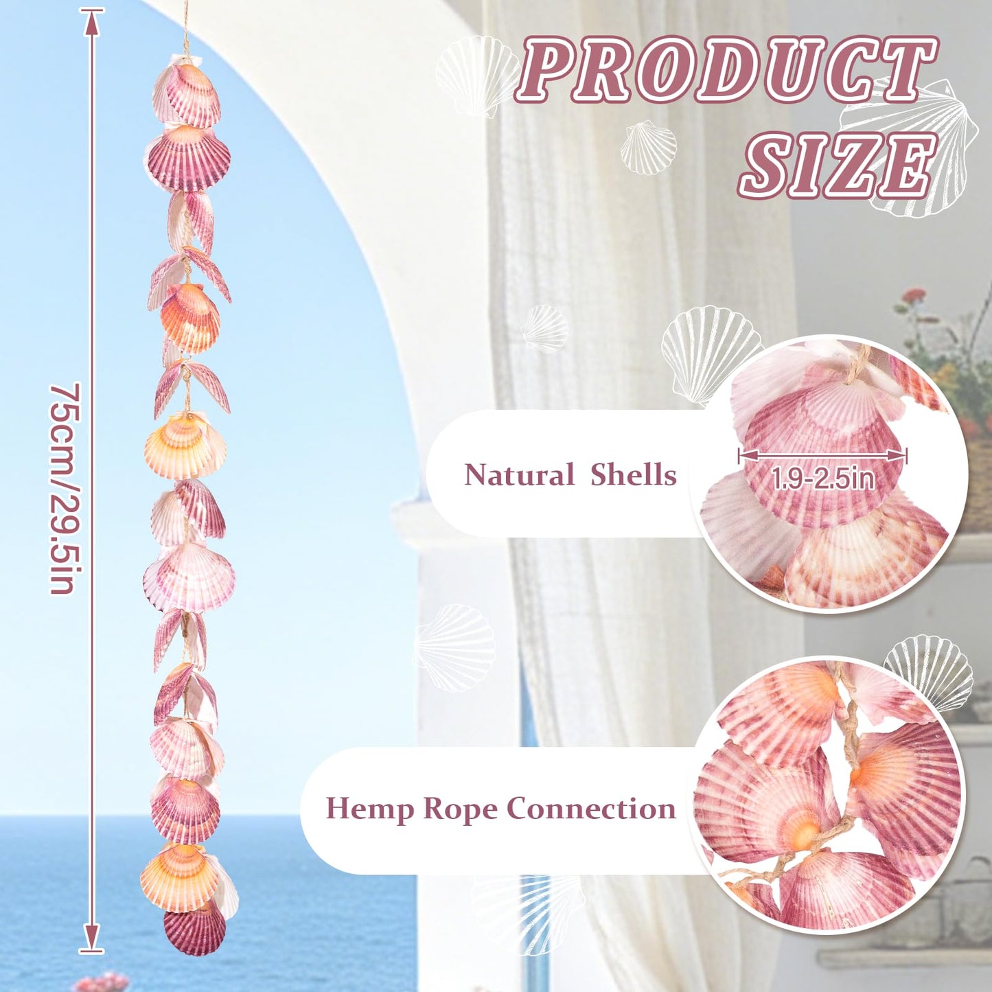 Purple Seashell Garland 32 Inch, Natural Shells Wall Hanging for Beach Home Decor Coastal Bathroom, Nautical Wall Art for Living Room Bedroom, Indoor Outdoor Mermaid Birthday Beach Party Decoration