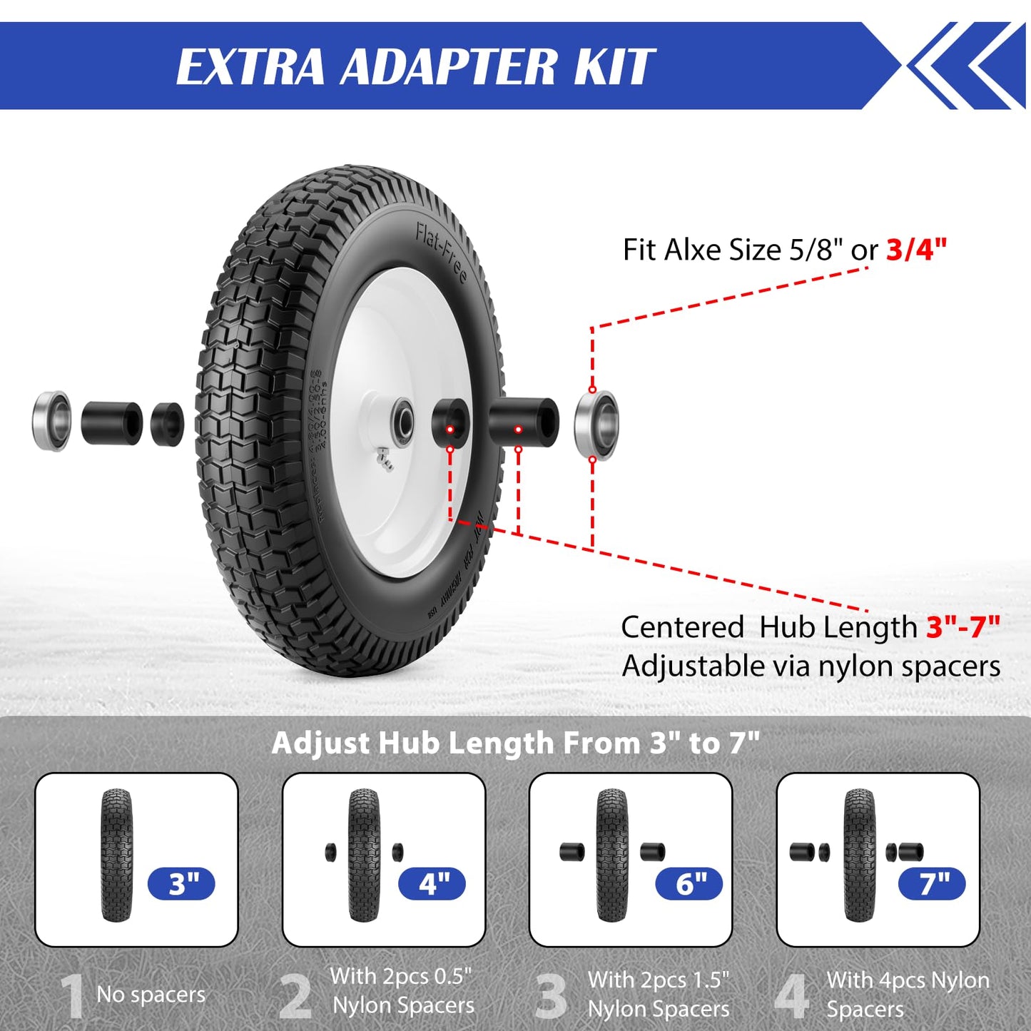 4.80/4.00-8 Tire, 14.5" Flat-free Solid Tire Wheels with 5/8" Axle Bore Hole, 3-7" Centered Hub, Universal Fit 4.80/4.00-8, 3.50/3.00-8, 4.00-6 Wheelbarrow Wheels(White, 1 Pack)