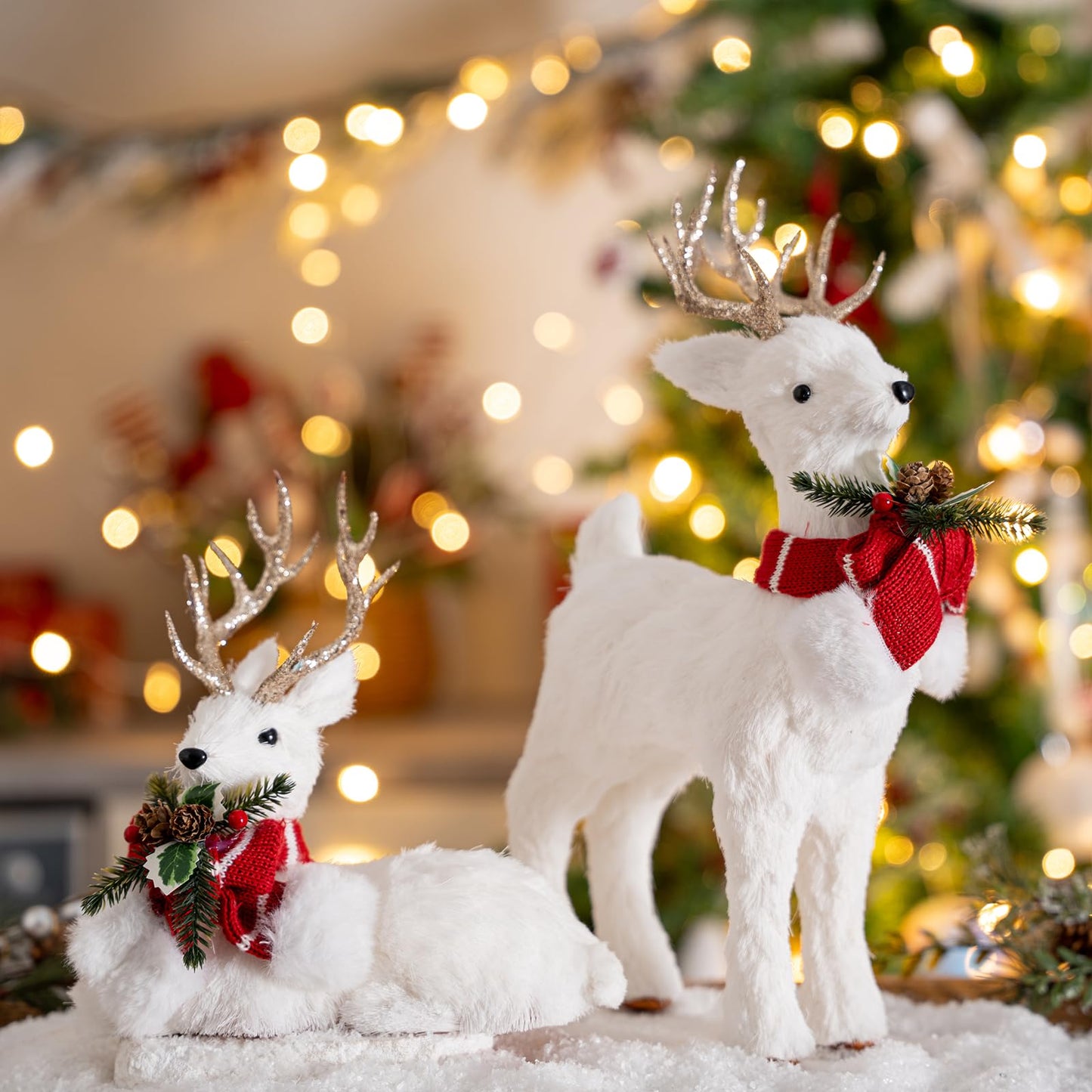 FTEJUWJ 2PCS Christmas Sisal Reindeer Decoration White Sisal Deer Silver Glitter Accented Reindeer Woodland Animals Figurines for Holiday Winter Centerpiece Christmas Tabletop Fireplace Decor (Gold)