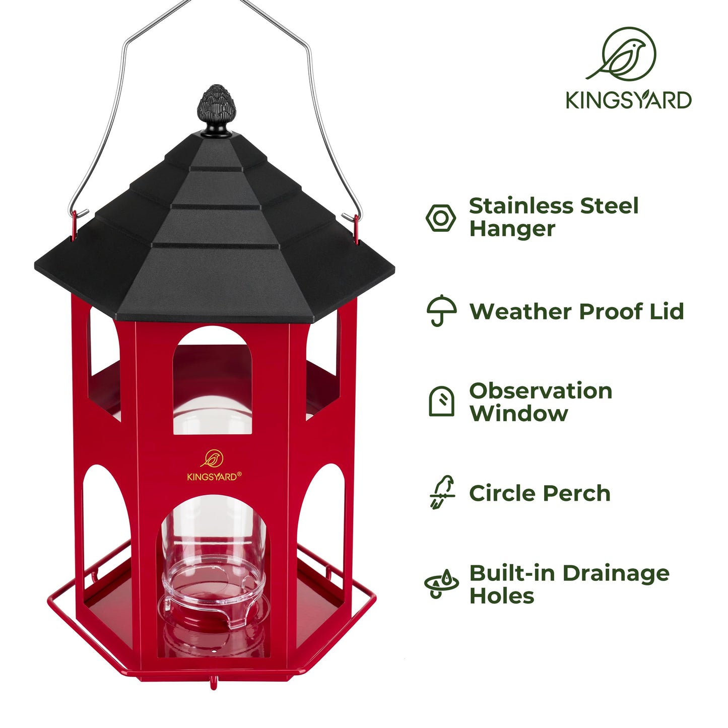 Kingsyard Metal Bird Feeder for Outdoor Hanging, Wild Bird Feeders with Circular Perch, Easy to Clean & Refill, 4 lbs Large Seed Capacity, Red