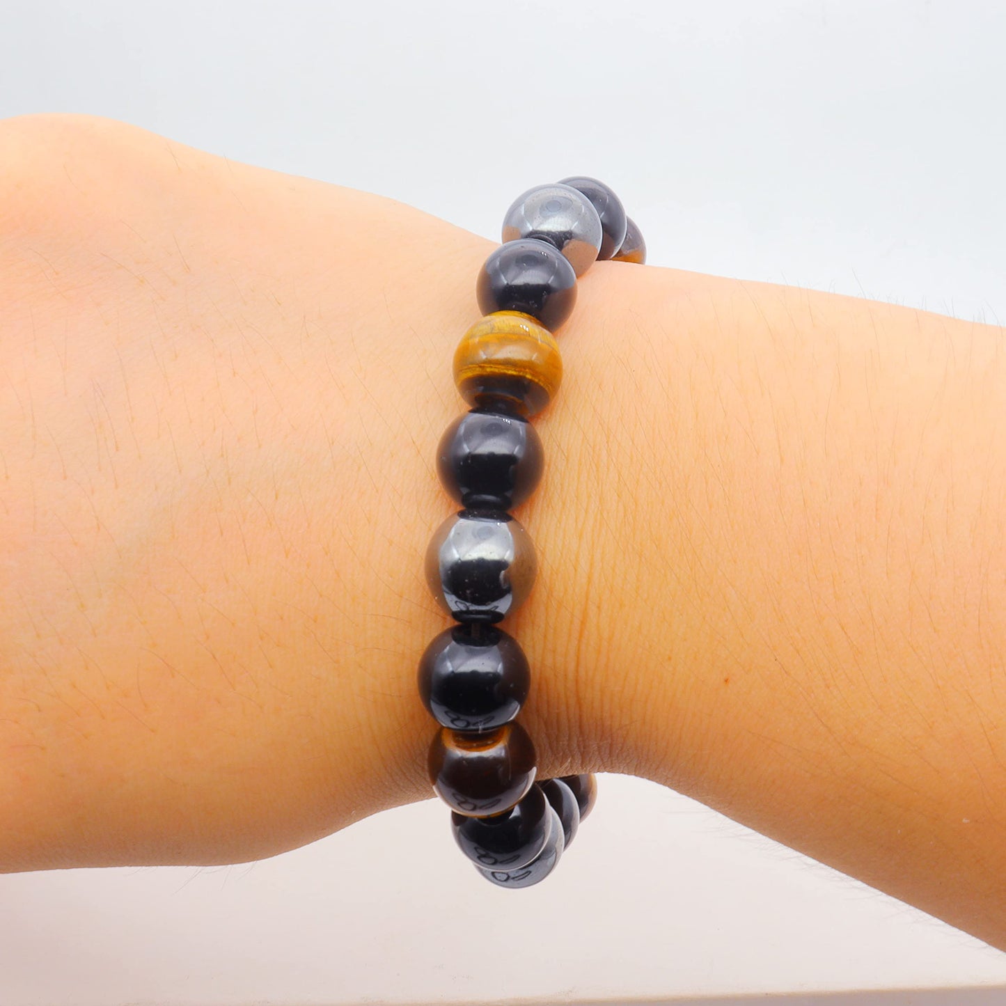 ZZ ZINFANDEL Initial Letter Black Obsidian Beaded Bracelets for Men, Mens Triple Protection Bracelet,10mm Natural Black Onyx Tiger Eye Stone Beads Bracelets (C)