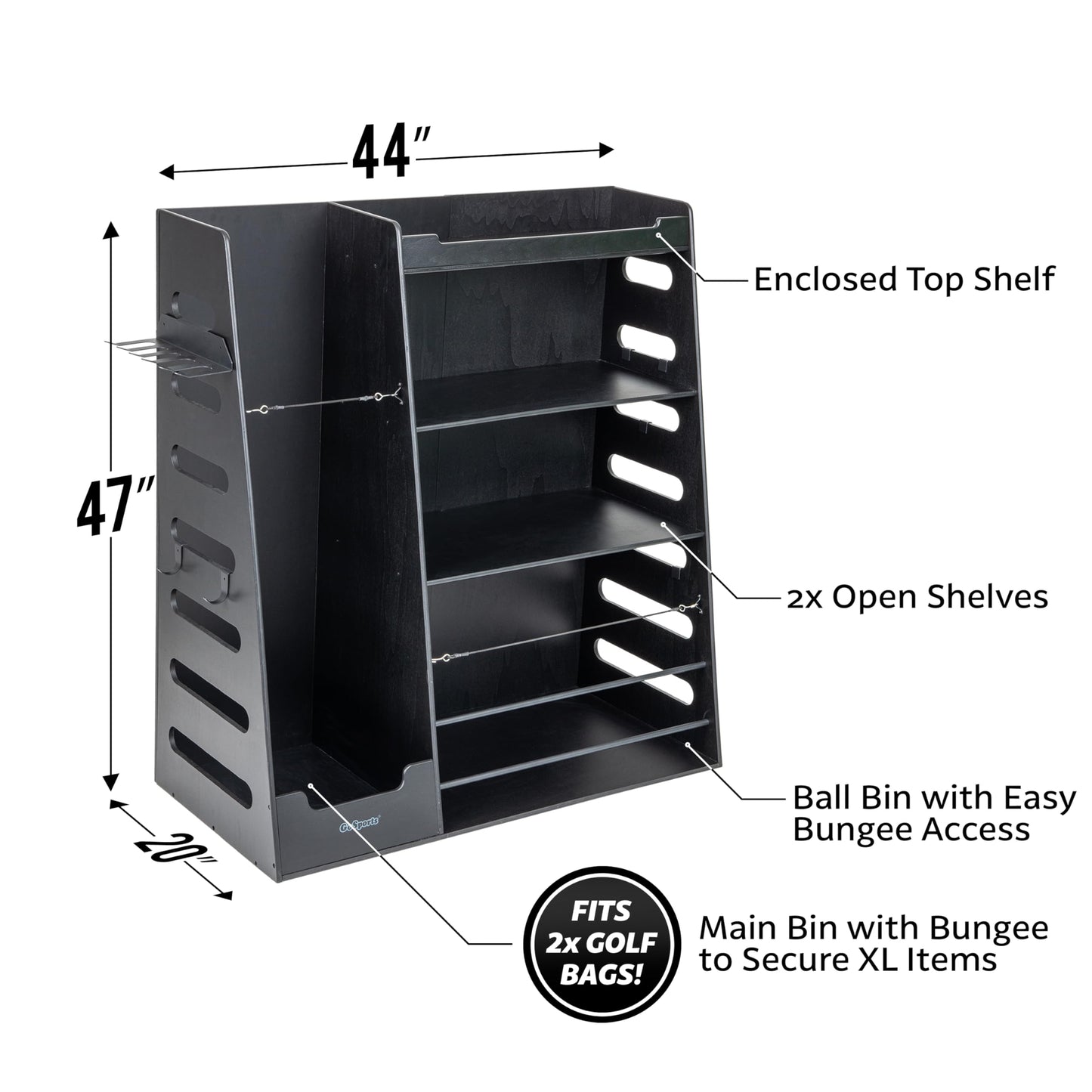 GoSports Premium Wooden Sports Equipment Organizer with Storage Hooks - Golf Bag Rack and Multi-Sport Ball Bin for Garage