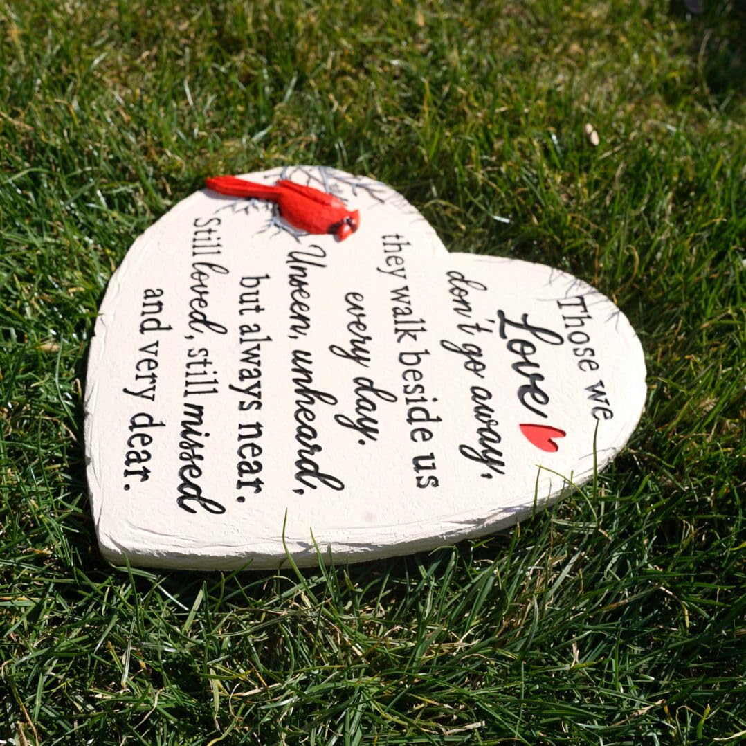 Heart Shaped Memorial Garden Stones, 10 inches Sympathy Garden Stone for Loved One, in Memory of Loved one Gifts, Resin Garden Stepping Stones Outdoor, Memorial Gifts (Heart Cardinal)