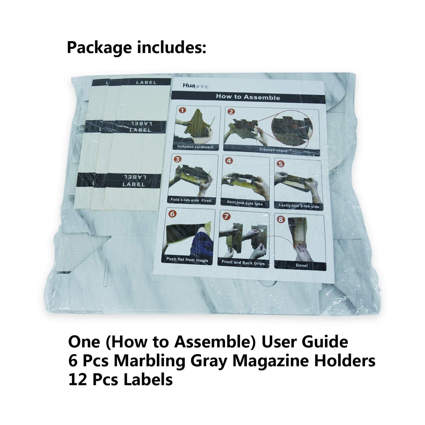 HUAPRINT Magazine Holder( 6 Pack, Marbling Gray) Cardboard Magazine File Holder-Folder Holder,Magazine Organizer,Document Organizer,Magazine Storage Box,With Labels