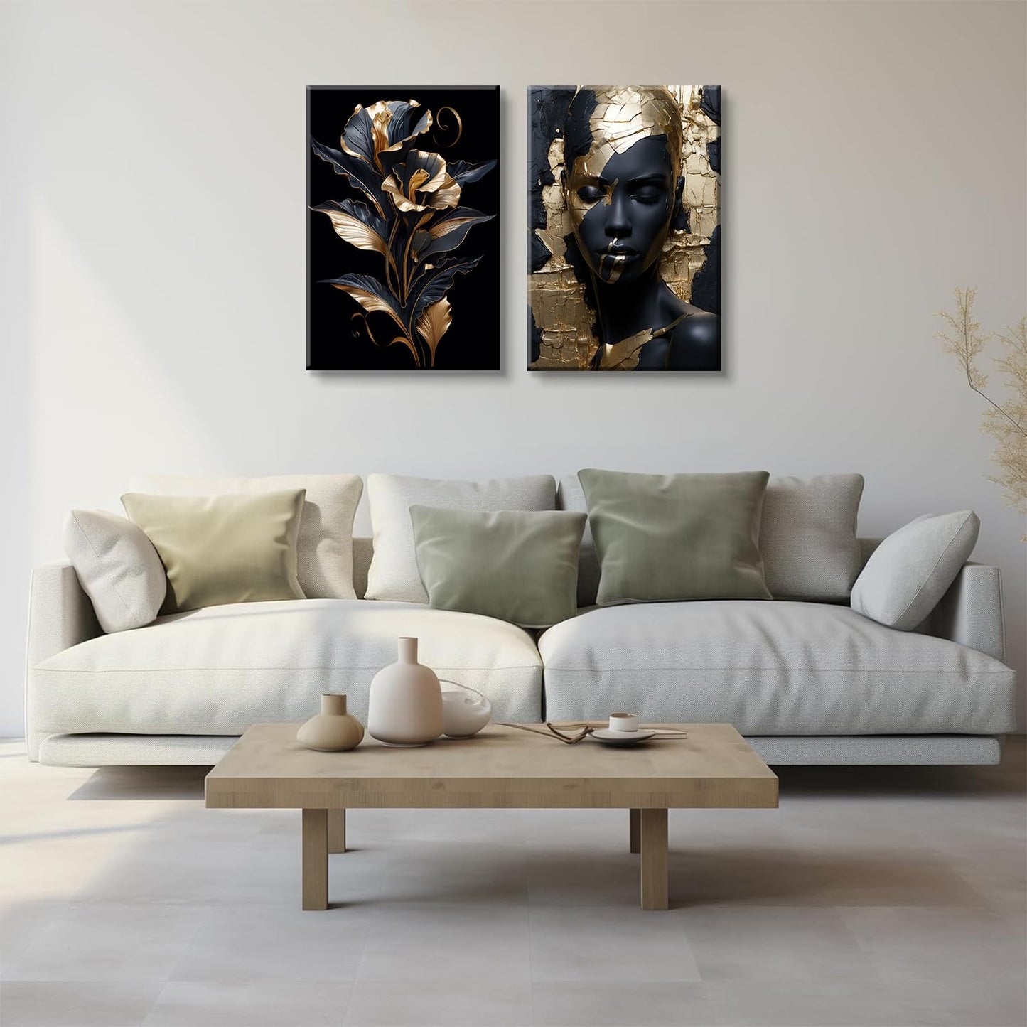 2 Pieces Black Gold African American Women Wall Art African American Wall Decor Gorgeous Woman Portrait Gold Flowers Painting Picture Prints for Bedroom Living Room Hallway Ready to Hang 12x16 Inch