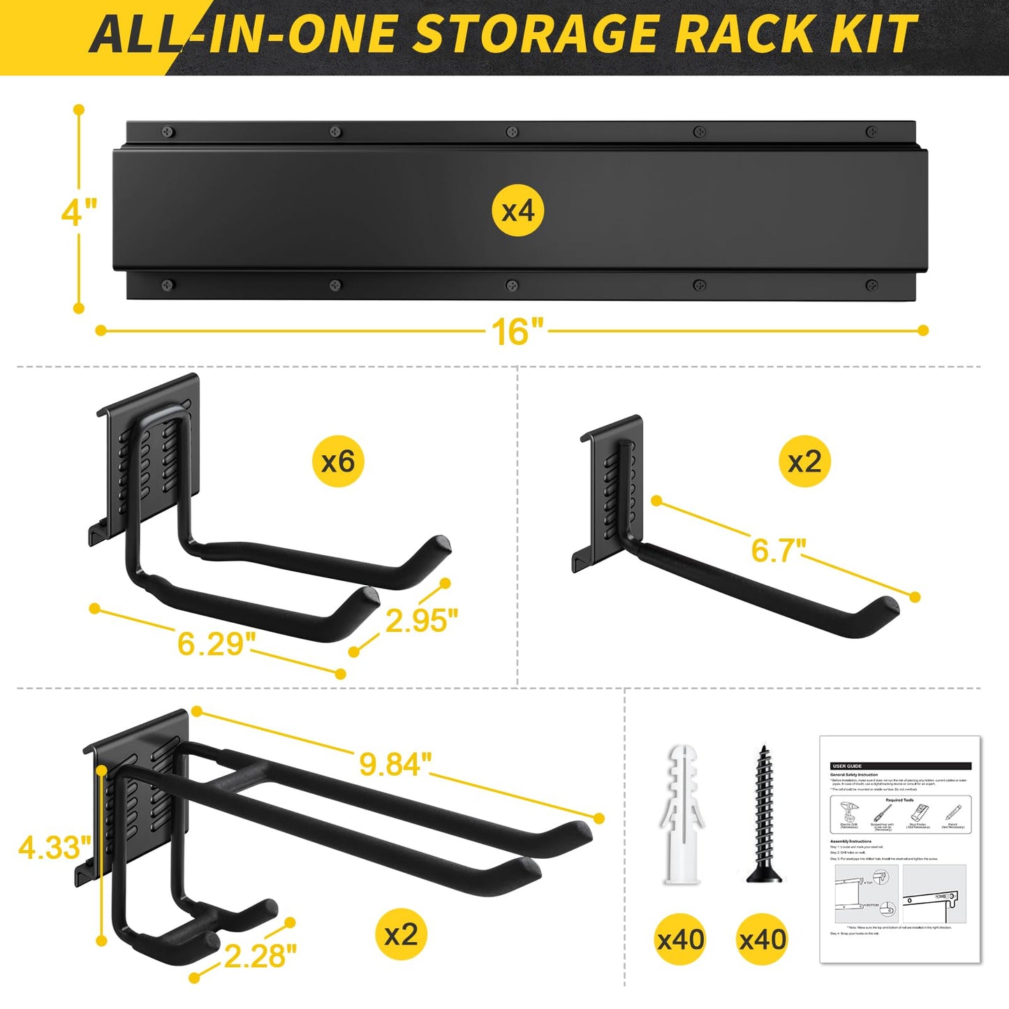 64 Inches Garage Storage, UUP Garage Organization Wall Mount Garden Tool Organizer, 620lbs Adjustable Metal Hooks, Yard Shed Rail Rack, Lawn Tool Holder for Hanging Rake Broom Mop Snowboard, Home Gift