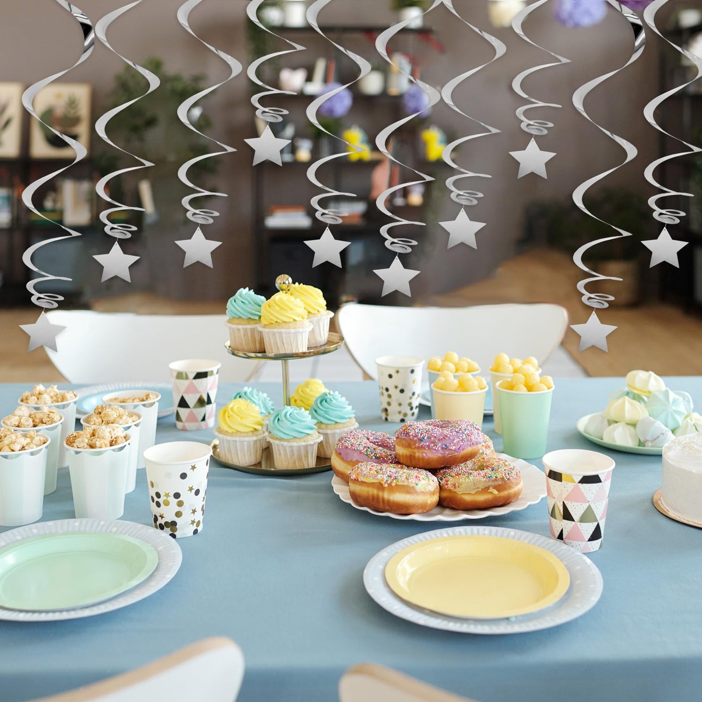 20 PCS Silver Hanging Stars for Ceiling, Silver Star Streamers Foil Swirls Party Decorations for Ceiling Graduation Wedding Baby Shower Party Supplies
