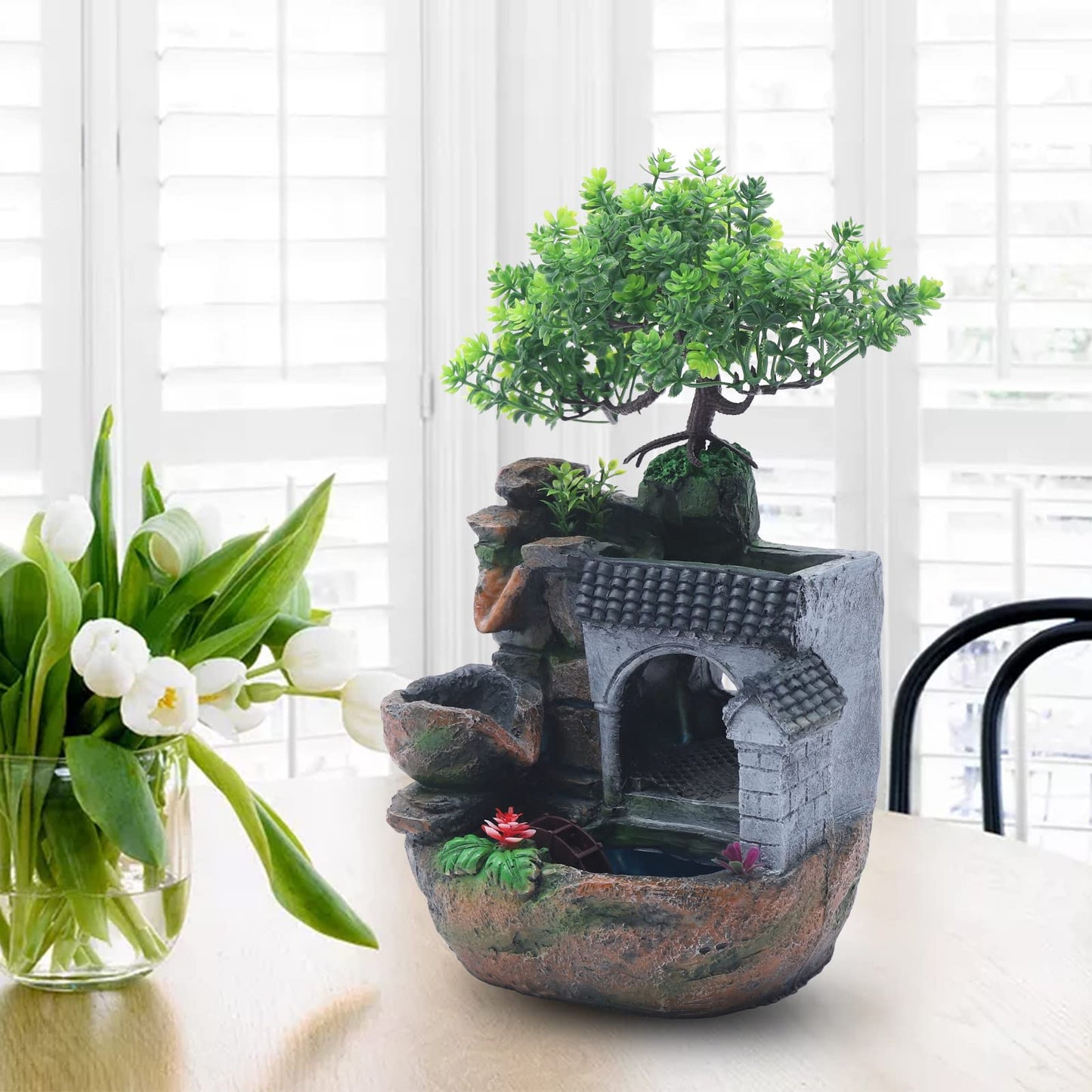 Indoor Rockery, 120V Tabletop Water Fountain Decor, 7.87 * 5.9 in Atomizing Waterfall Rockery Stone Tabletop Simulation Landscape Ornaments for Living Room, Study, Office Decor