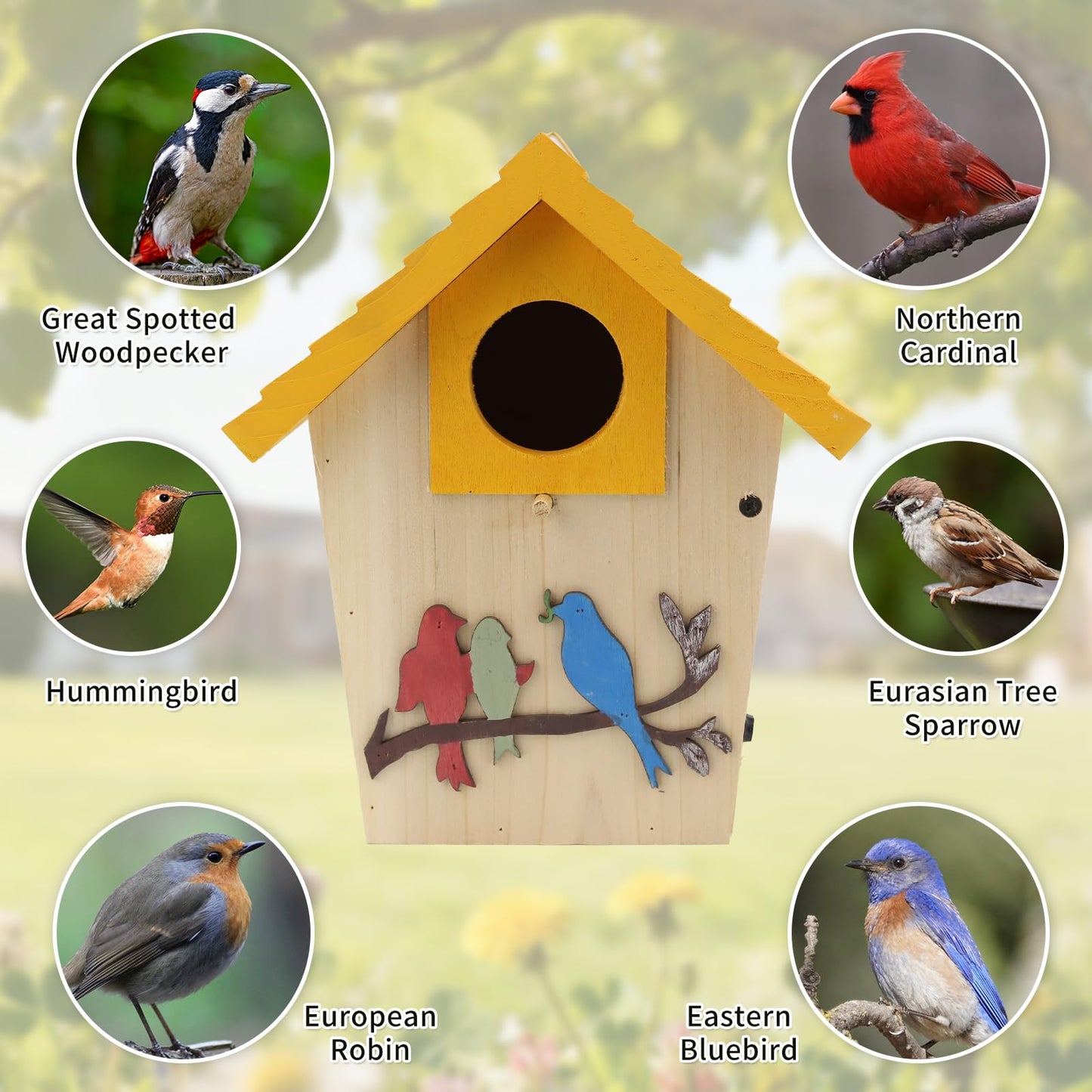 Wooden Bird Houses Bird House for Outside,Yellow Wood Bird House for Outdoors, 1.5" Entrance Hole Bird Houses for Garden Blue Bird Hummingbird Wren Cardinal Swallow Sparrow Finch