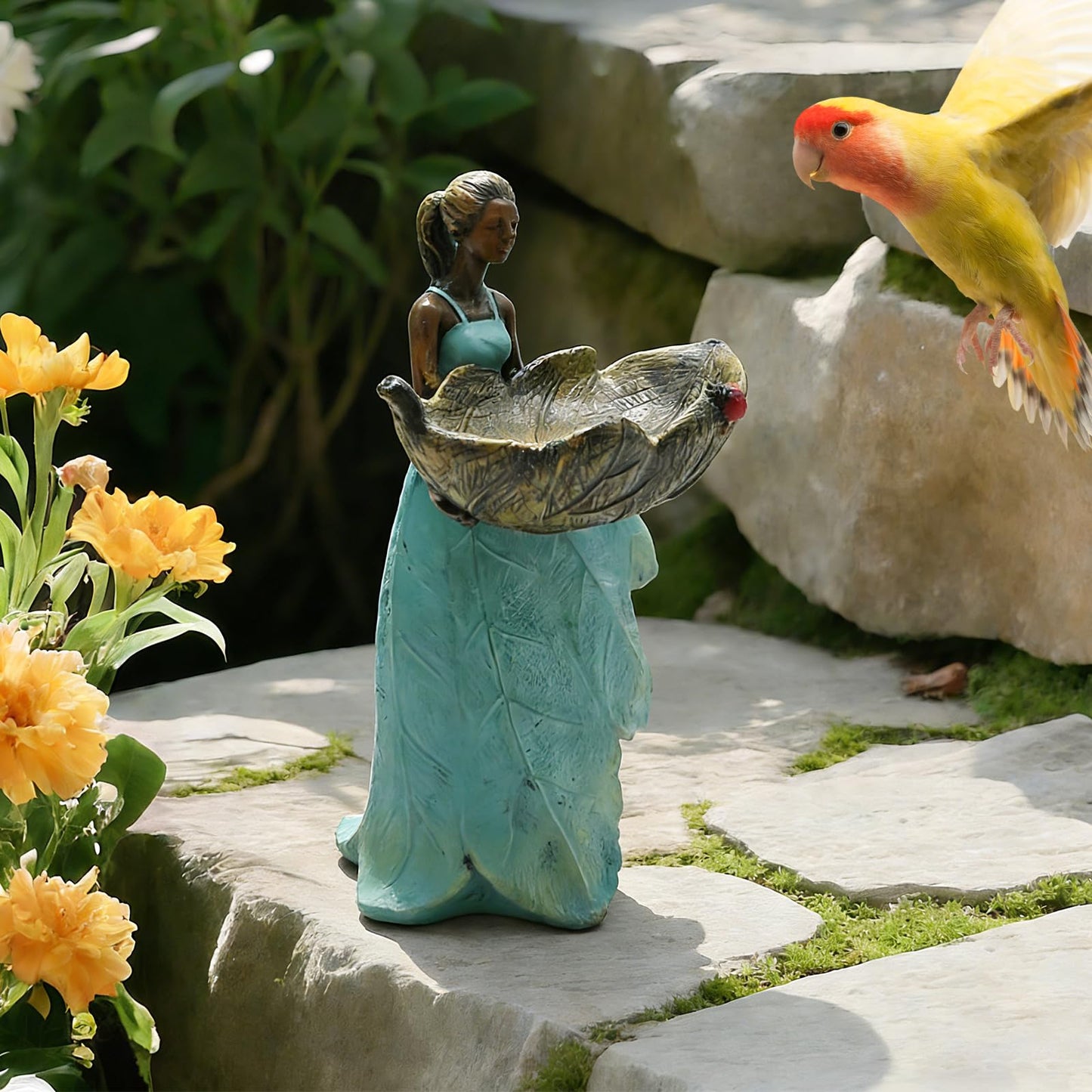 ZUDKSUY 10 Inch Fairy Garden Statue Bird Feeder, Unique Resin Bird Feeder, Decorative Outdoor Bird Feeder for Garden, Lawn, and Home Décor Gift for Women
