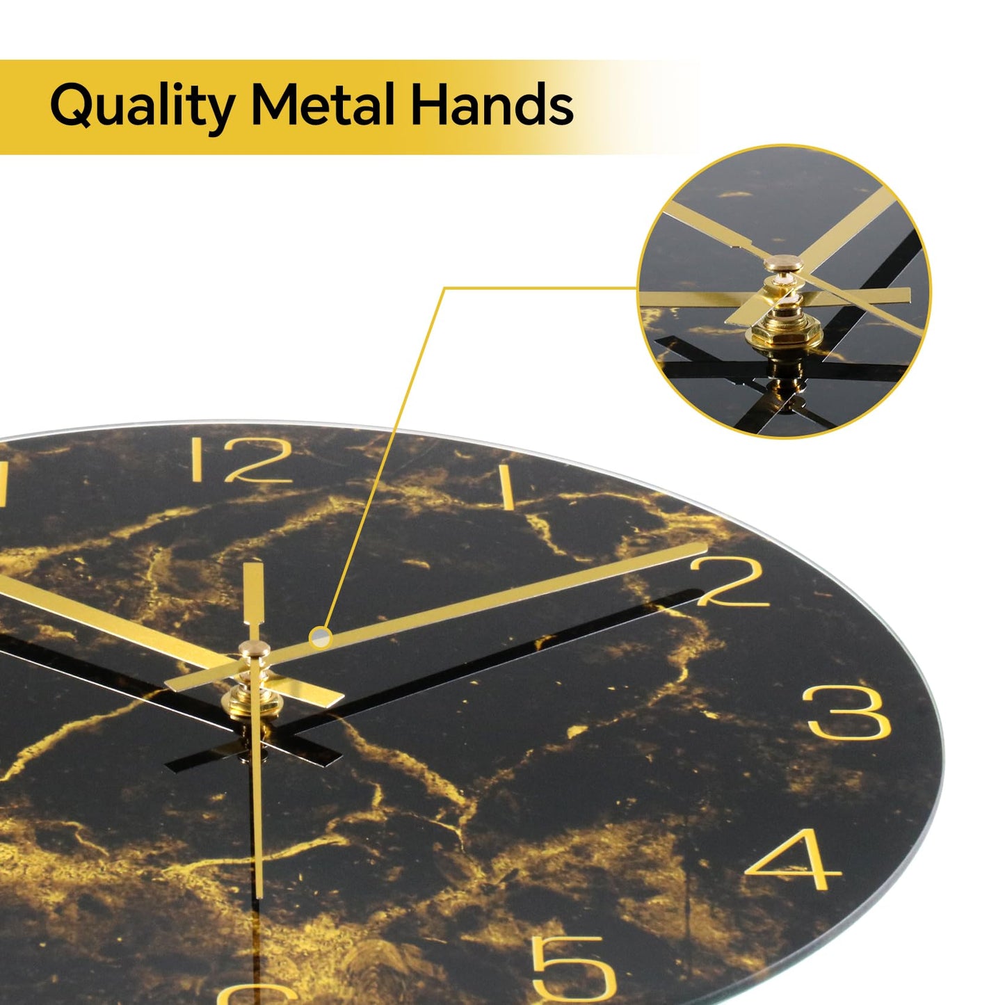 VIKMARI Black Modern Marble Texture Clock Gold Hands Rustic Kitchen Decor 12 Inch Wall Clock Battery Operated Non-Ticking Large Round Quartz Golden Decorative for Office Bedroom, Living Room