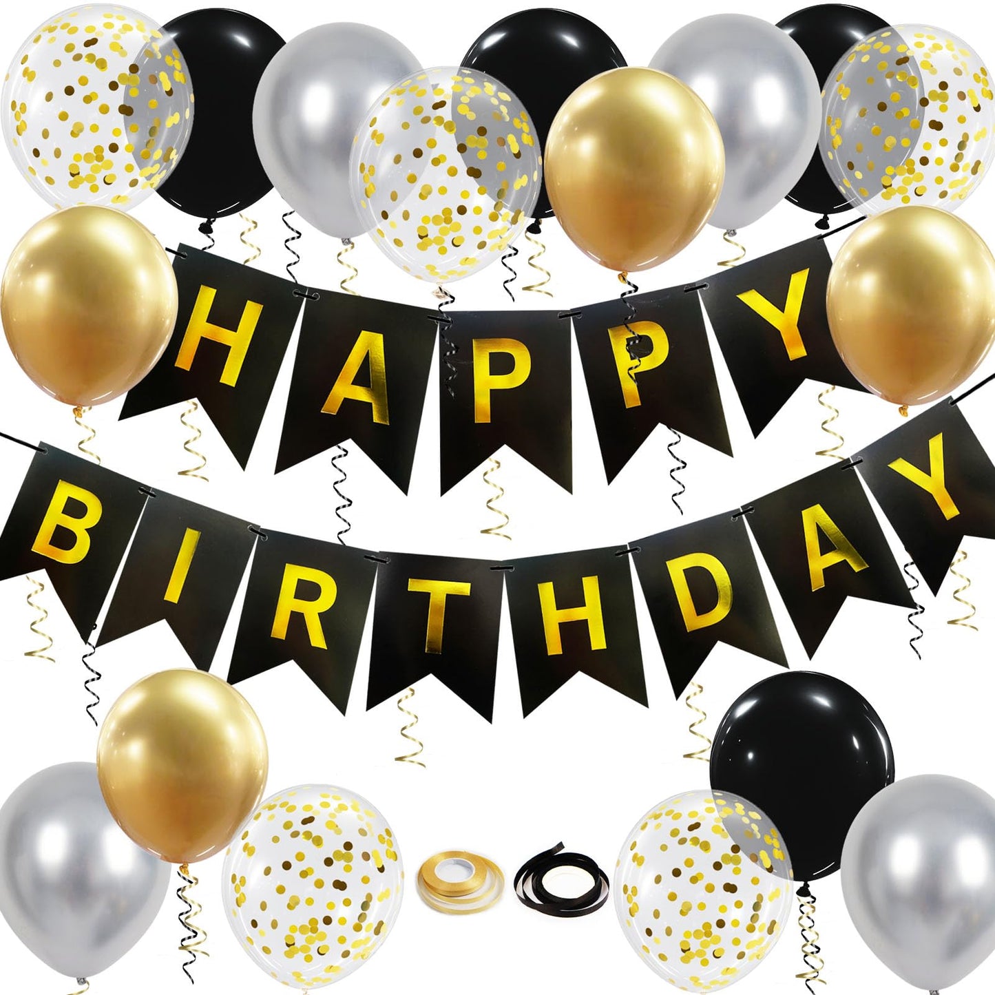 Happy Birthday Banner, Black Gold Birthday Decoration, 16 Pcs 12in Balloons with 2 Ribbons for Men Women Girls and Boys Party Decoration