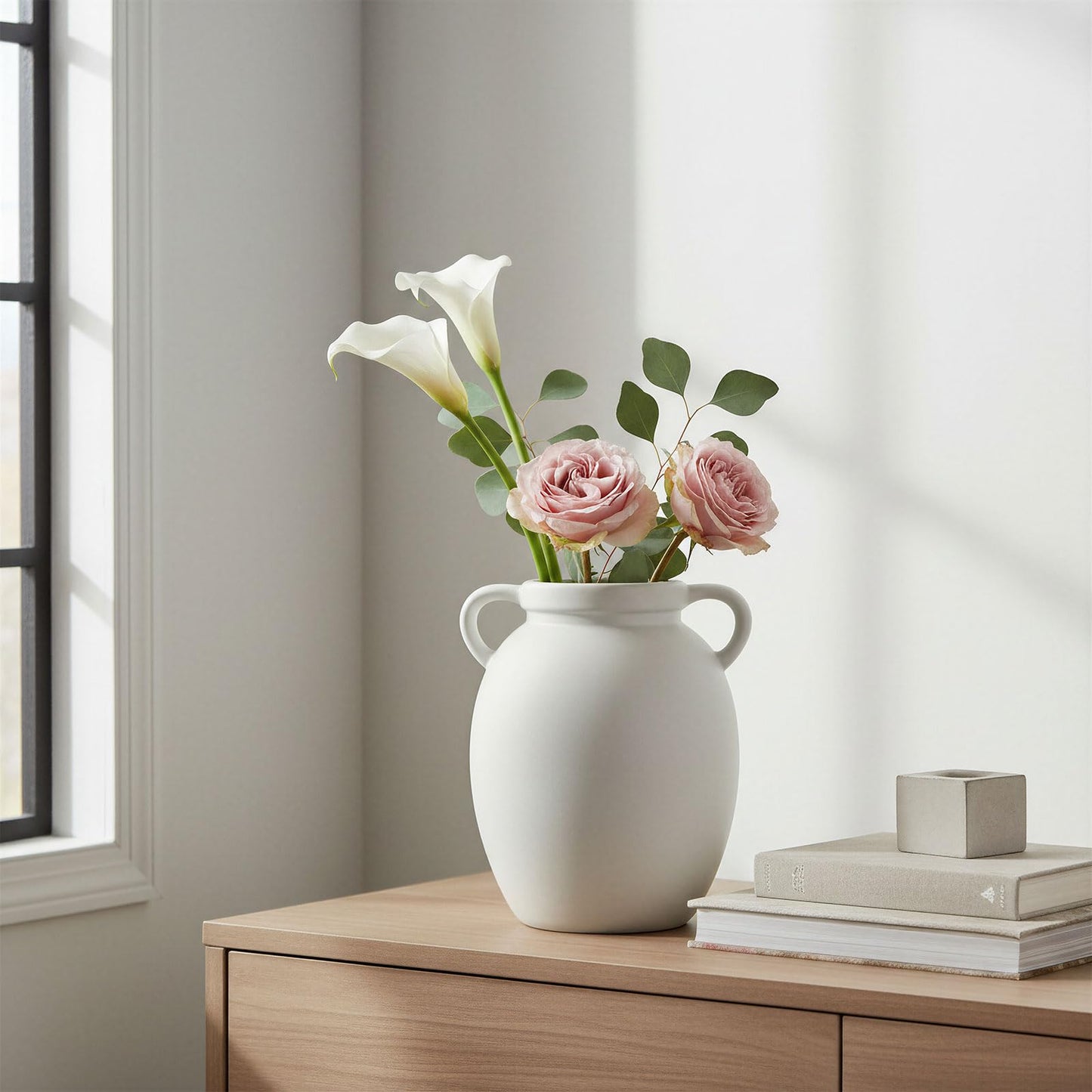 hjn Matte White Ceramic Jug Vase with Handles - Farmhouse Nordic Style Vase for Dried Fresh Flowers, Living Room Tabletop Home Decor (Pitcher-Shaped-8''dx9''h)