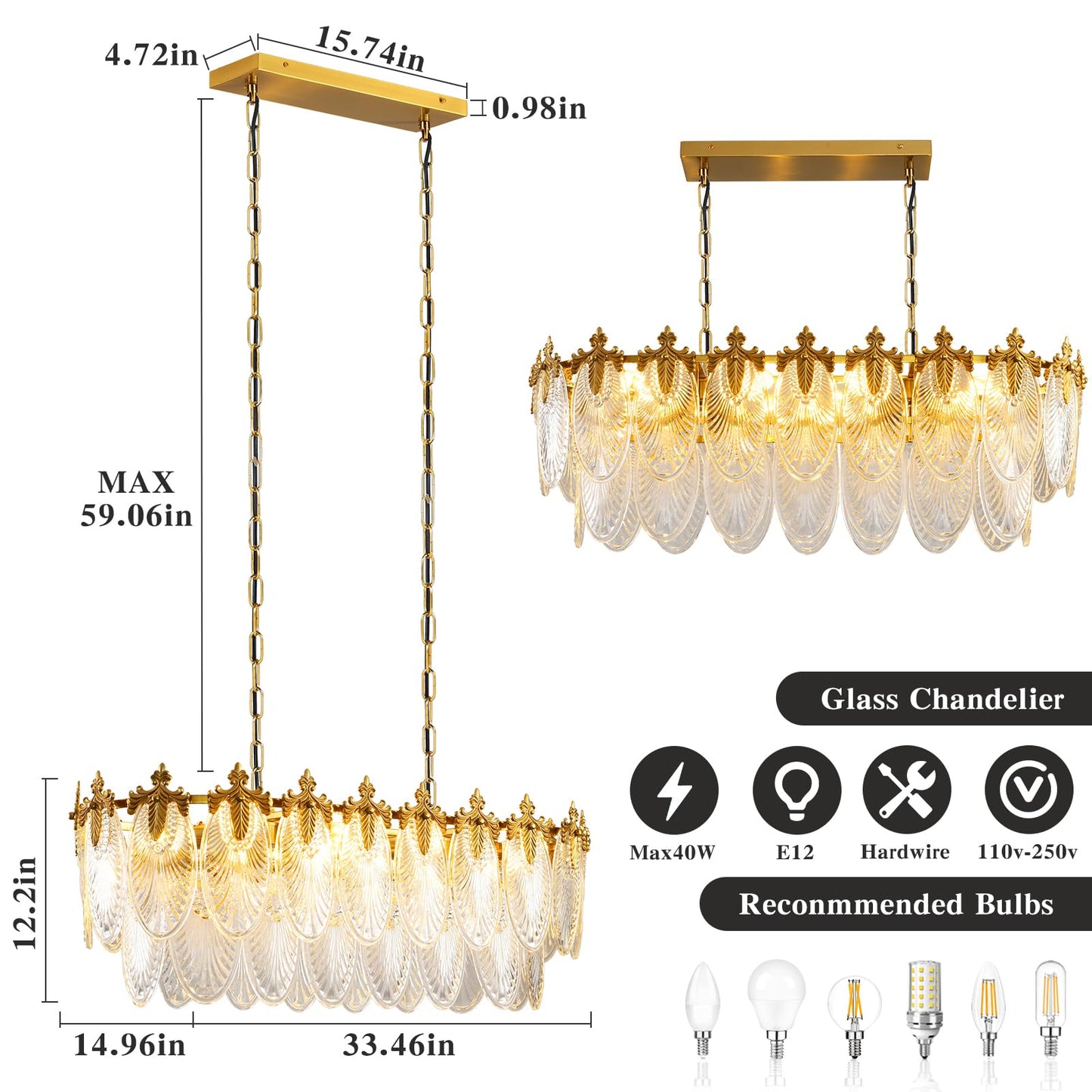KELUOLY Rectangular Crystal Glass Dining Room Chandelier, 8 Light Gold Chandeliers Lighting Fixture, L33.5'' Height Adjustable Oval Ceiling Pendant Light for Office Coffee Over Table Kitchen Island