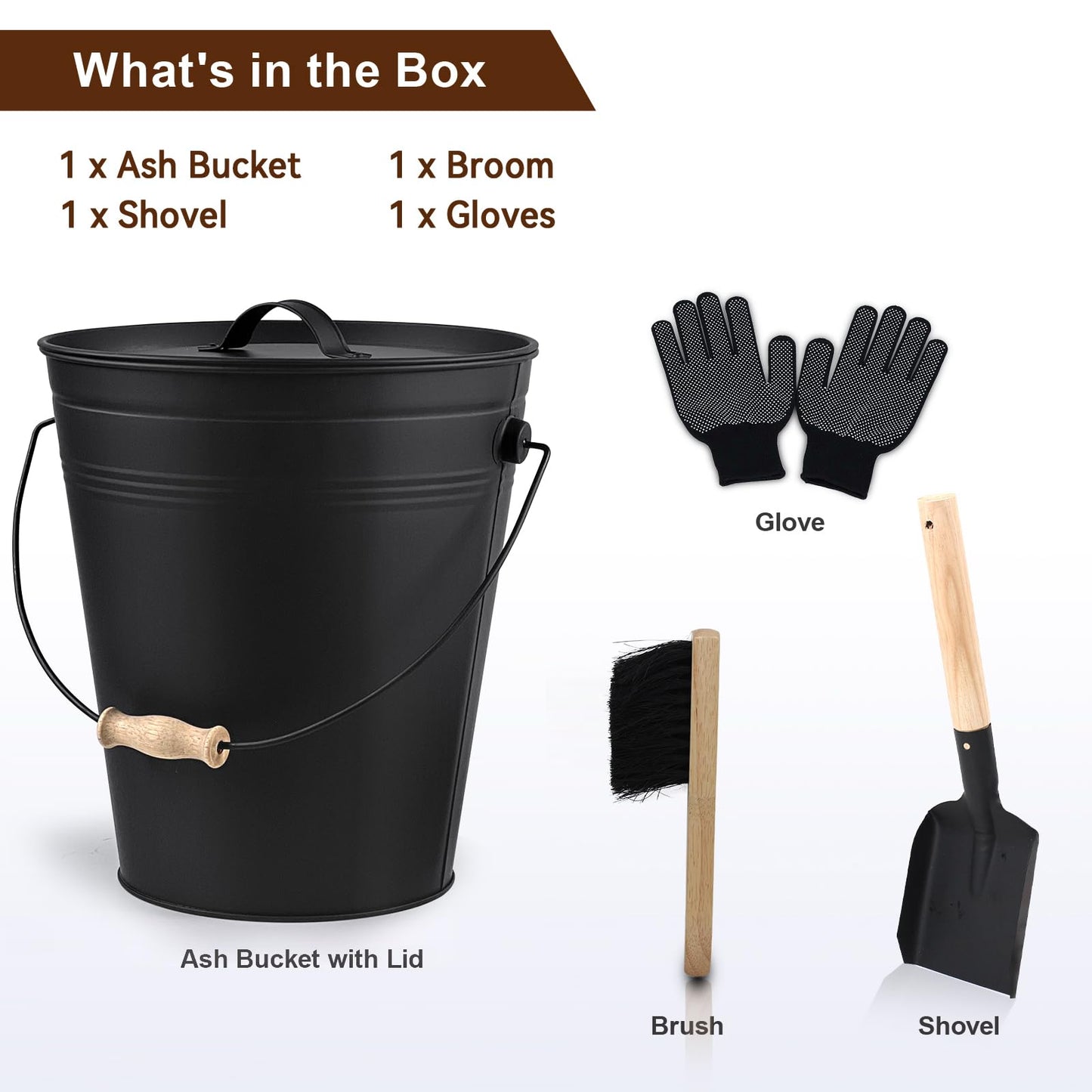 BRIAN & DANY Ash Bucket with Lid and Shovel, 4 Gallon Fireplace Bucket with Broom, Perfect for Fireplaces, Wood Stoves